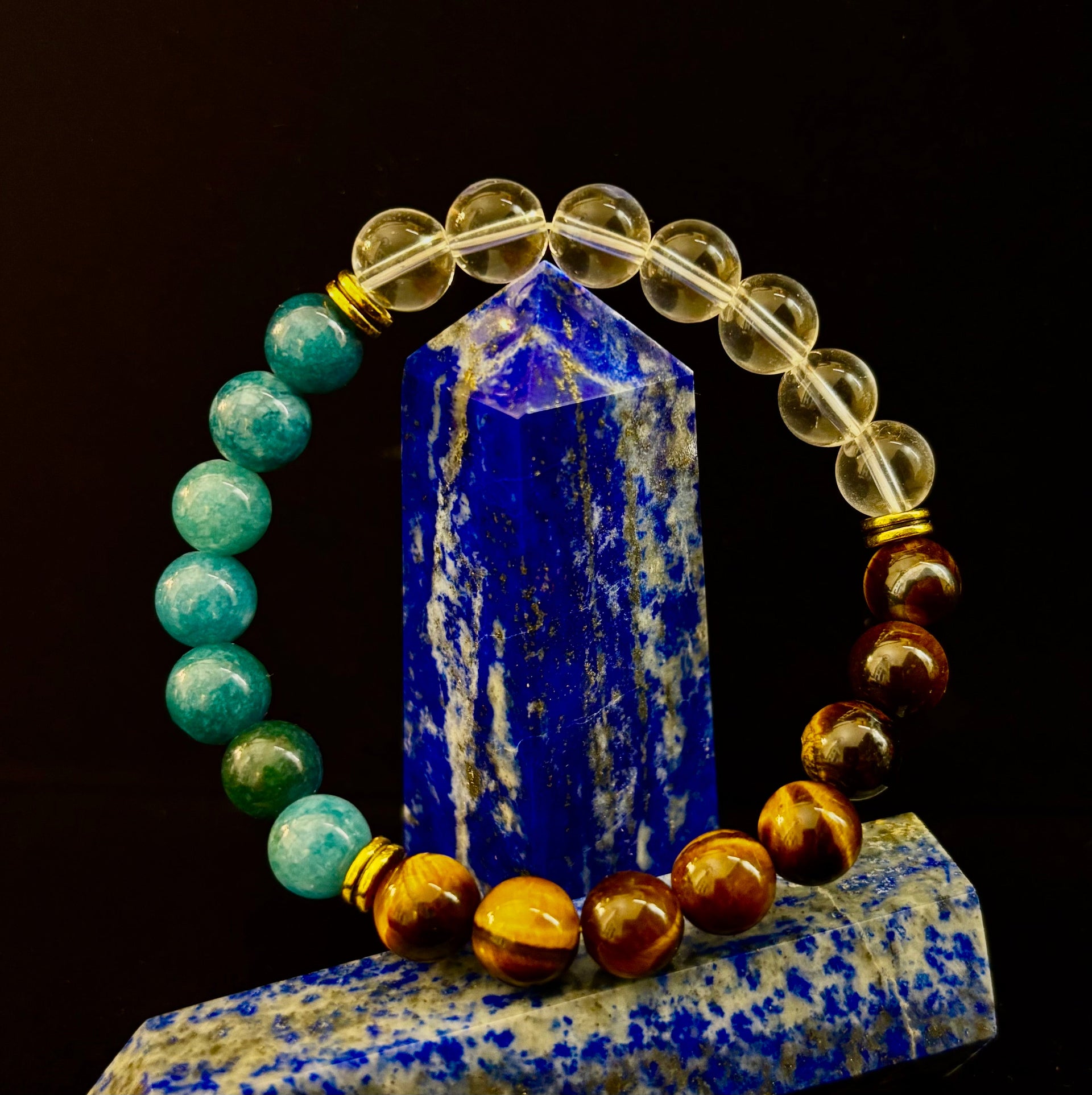 Blue Apatite Tiger Eye Clear Quartz Weight Loss Intention Bracelet - Image 18