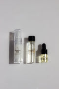 Orijin Jasmine trial kit featuring Jasmine Milk cleanser, Jasmine Essence floral water, and Jasmine Nectar oil in a travel pouch.