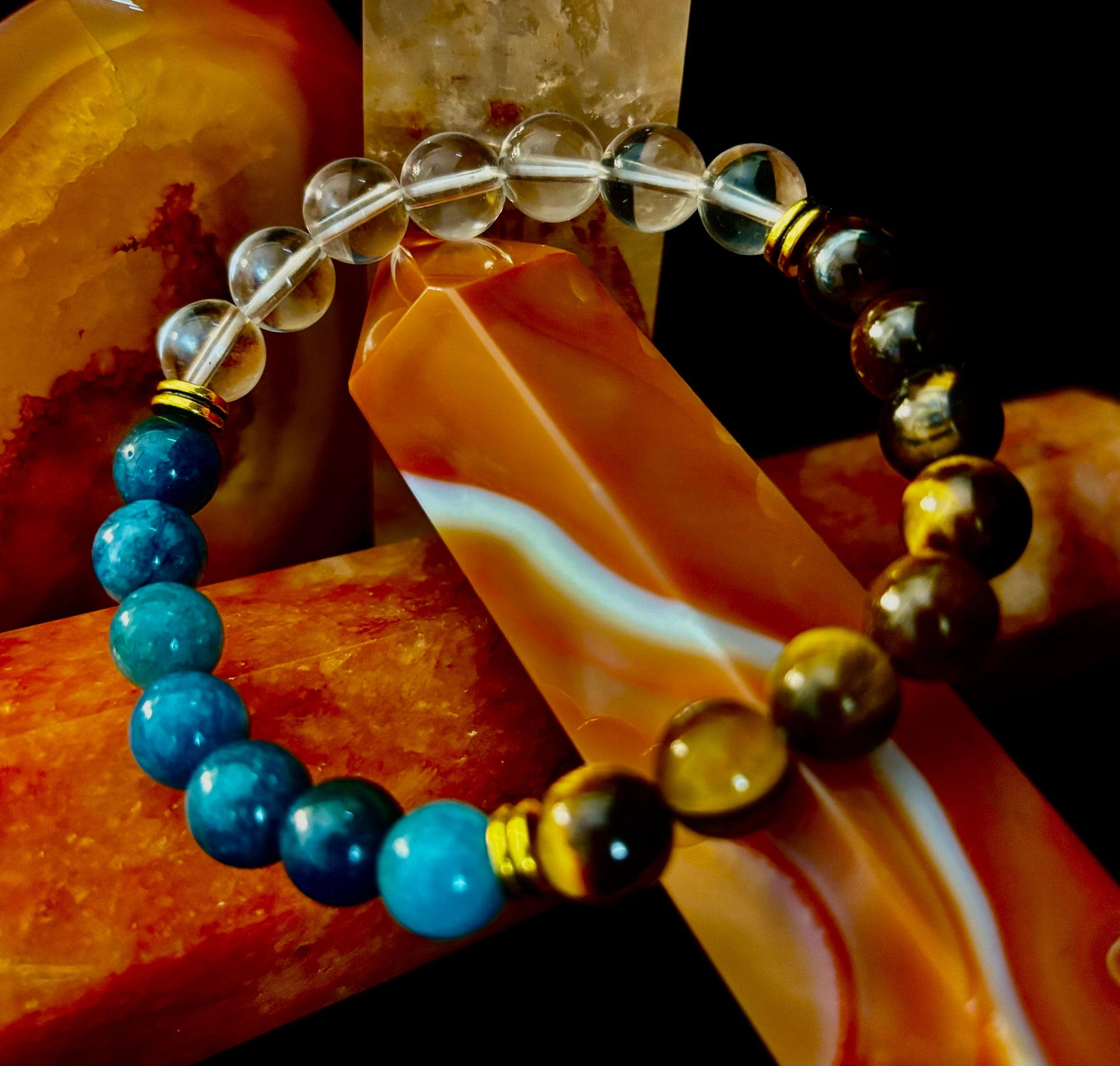 Blue Apatite Tiger Eye Clear Quartz Weight Loss Intention Bracelet - Image 7