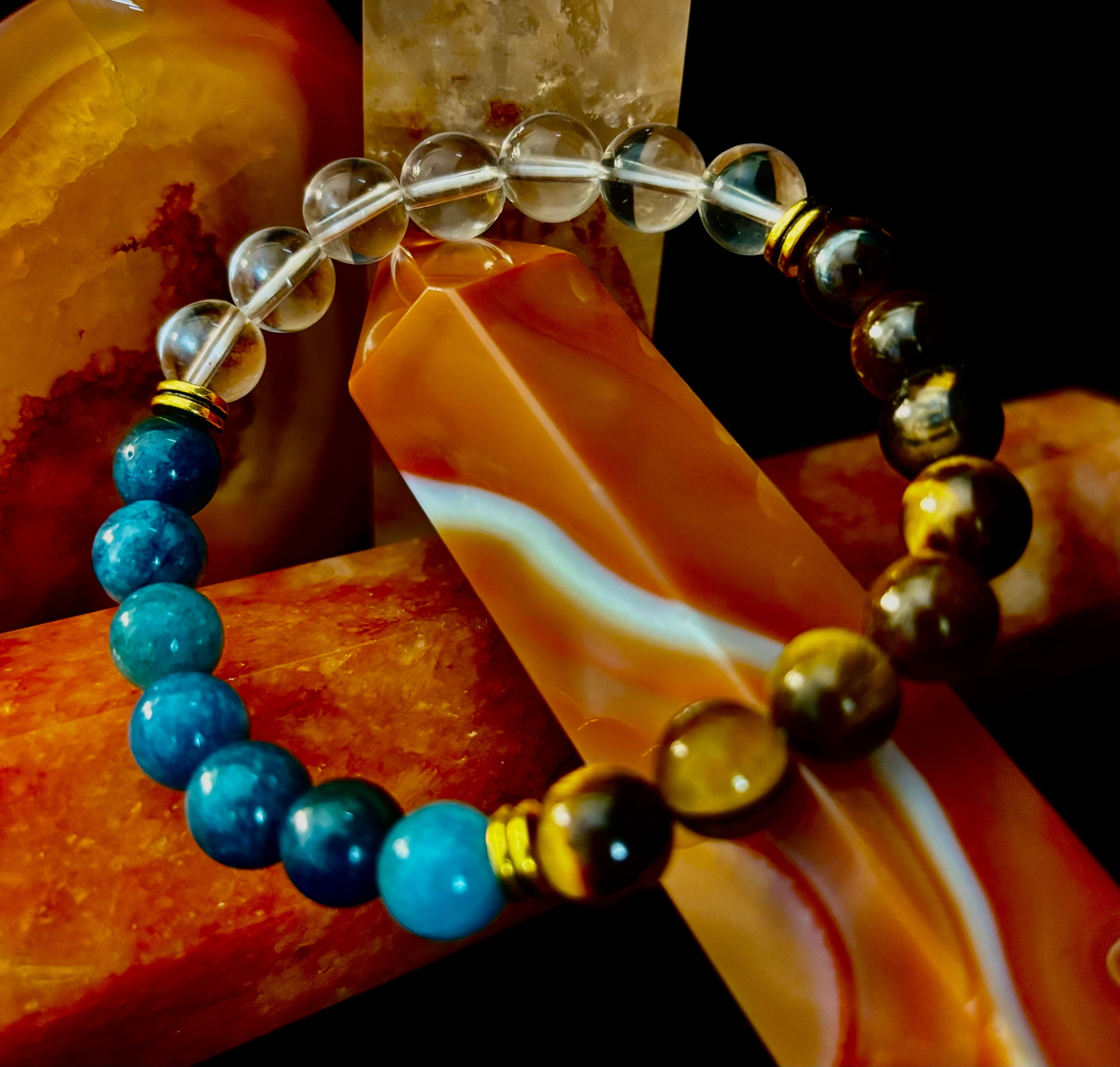 Blue Apatite Tiger Eye Clear Quartz Weight Loss Intention Bracelet - Image 7