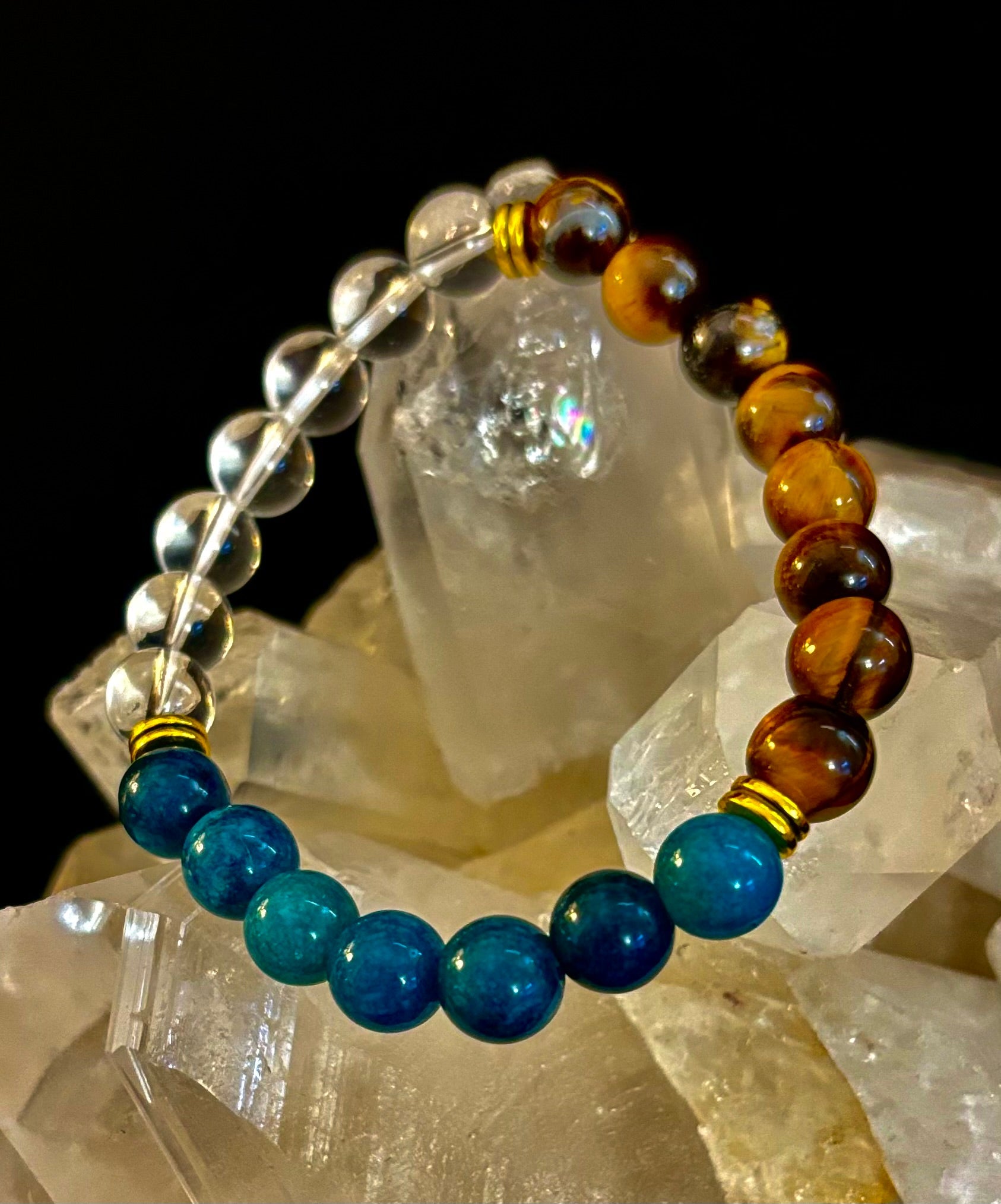 Blue Apatite Tiger Eye Clear Quartz Weight Loss Intention Bracelet - Image 4
