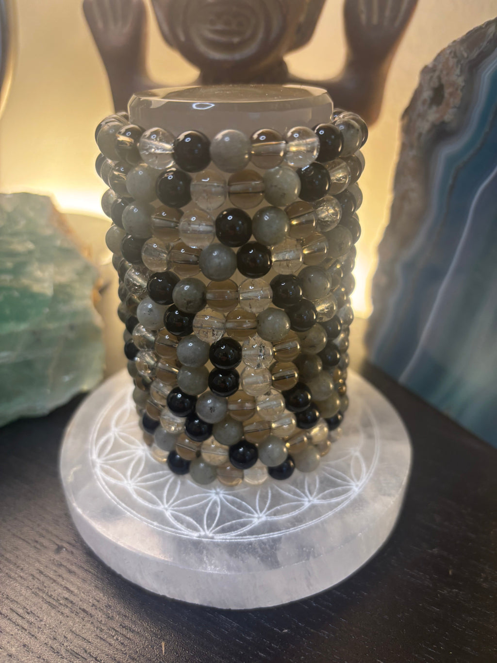 Stress Relief & Grounding Bracelet – Labradorite, Smoky Quartz, Black Obsidian & Clear Quartz (Small–Medium Wrists)