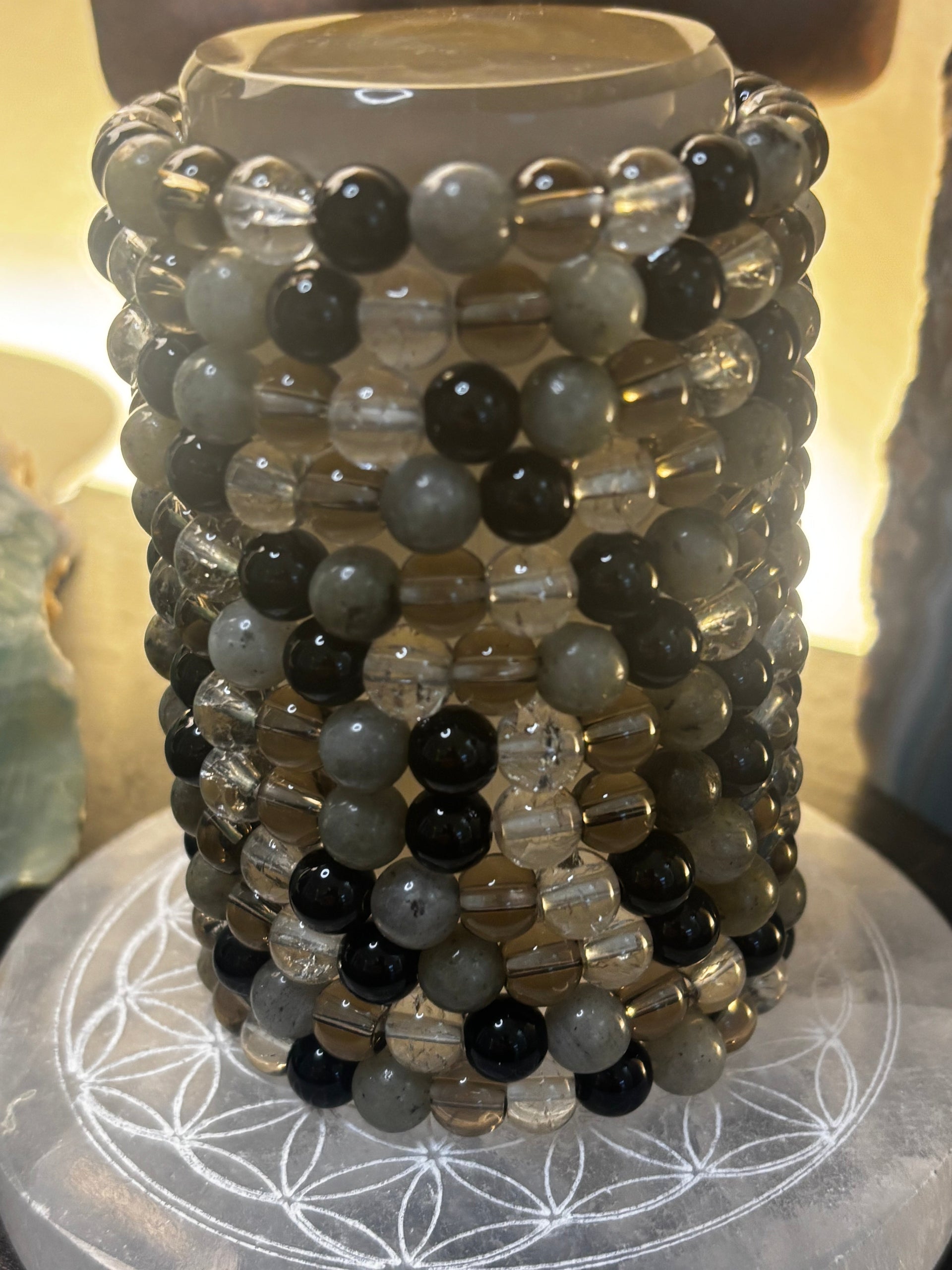 Stress Relief & Grounding Bracelet – Labradorite, Smoky Quartz, Black Obsidian & Clear Quartz (Small–Medium Wrists)