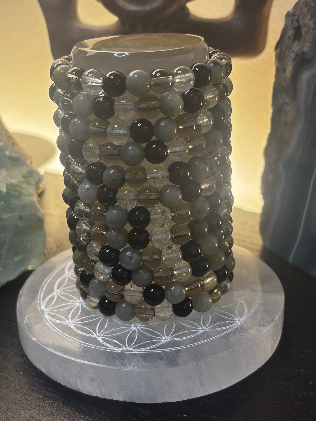 Stress Relief & Grounding Bracelet – Labradorite, Smoky Quartz, Black Obsidian & Clear Quartz (Small–Medium Wrists)