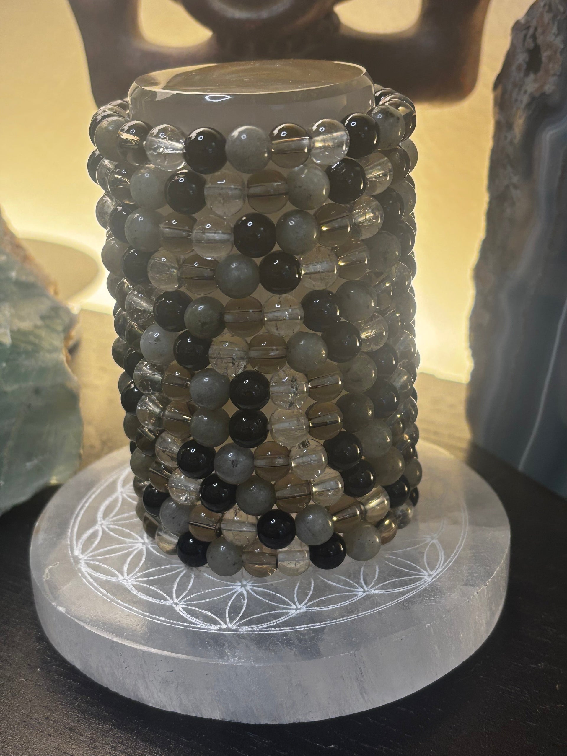 Stress Relief & Grounding Bracelet – Labradorite, Smoky Quartz, Black Obsidian & Clear Quartz (Small–Medium Wrists)