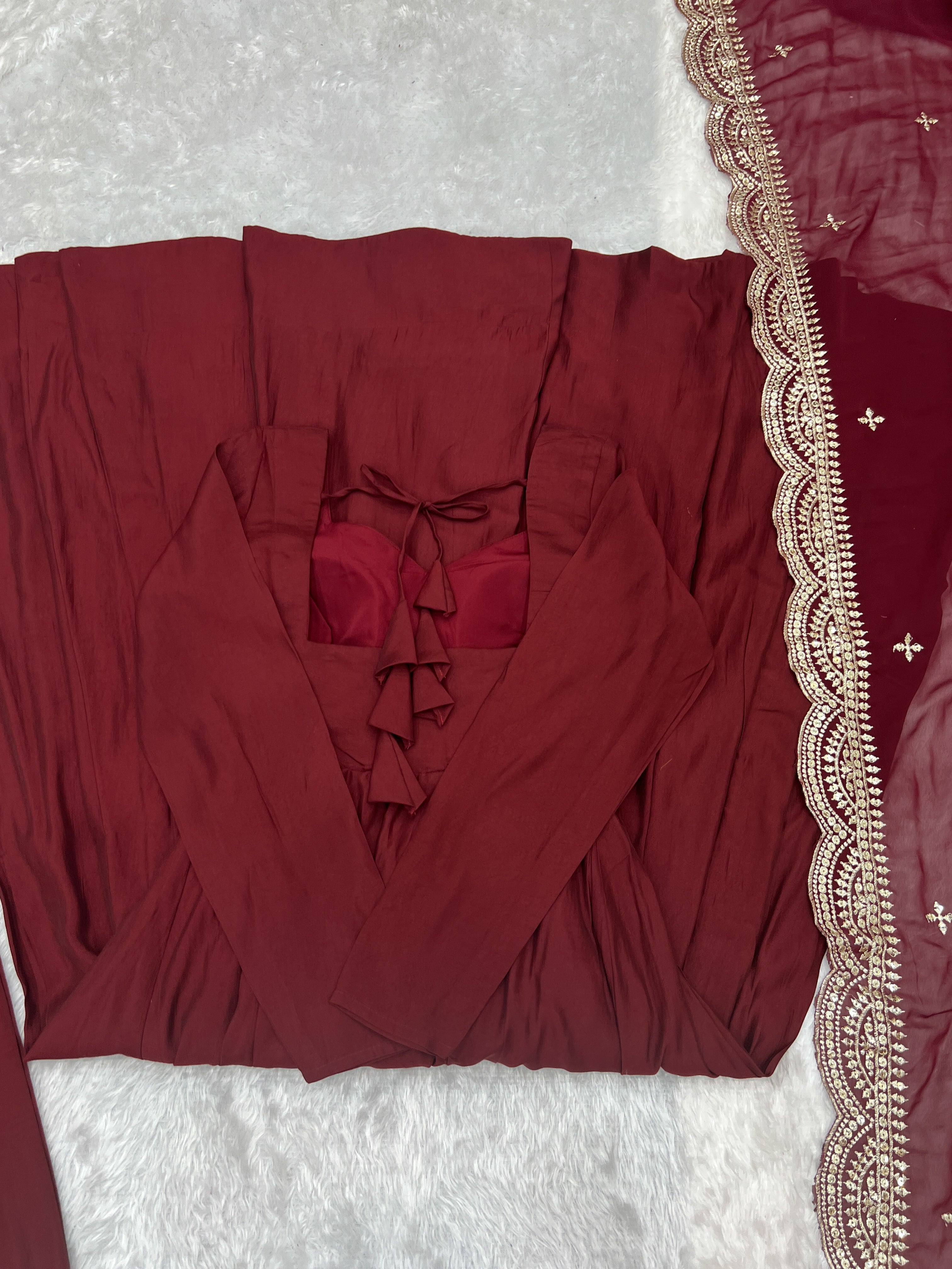 Maroon Pure Roman Silk Chanderi Flared Anarkali Pant Set