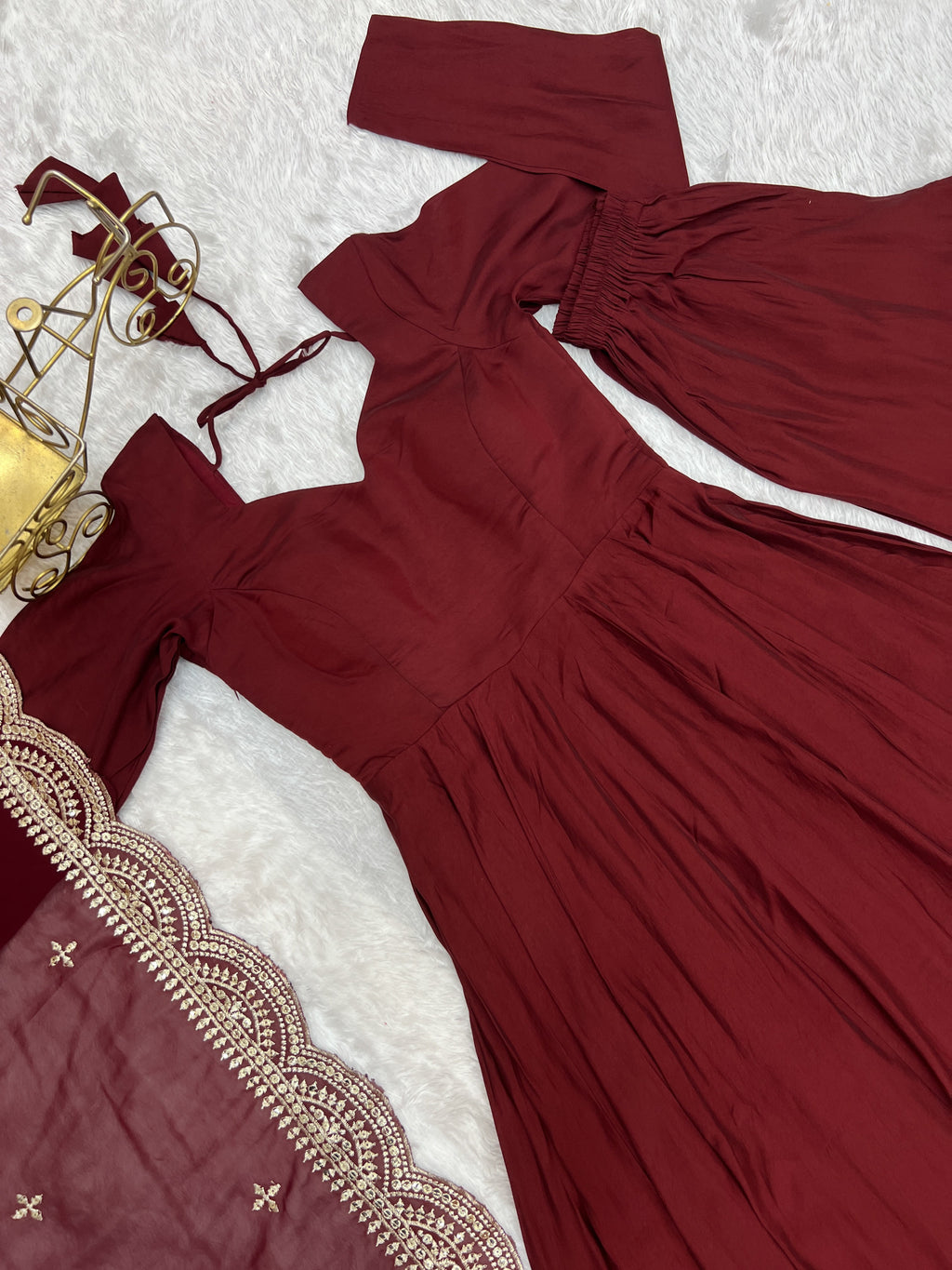 Maroon Pure Roman Silk Chanderi Flared Anarkali Pant Set