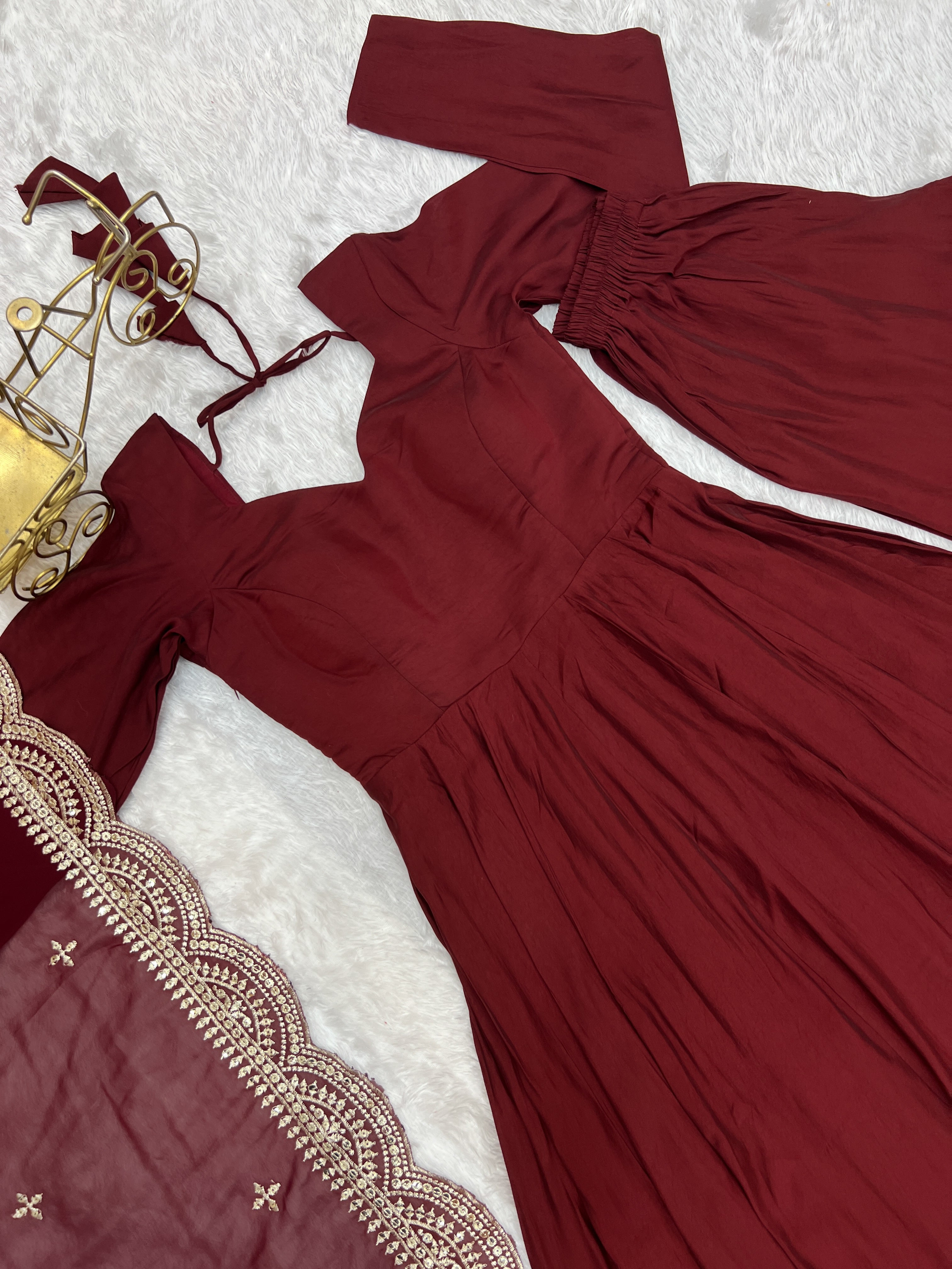 Maroon Pure Roman Silk Chanderi Flared Anarkali Pant Set