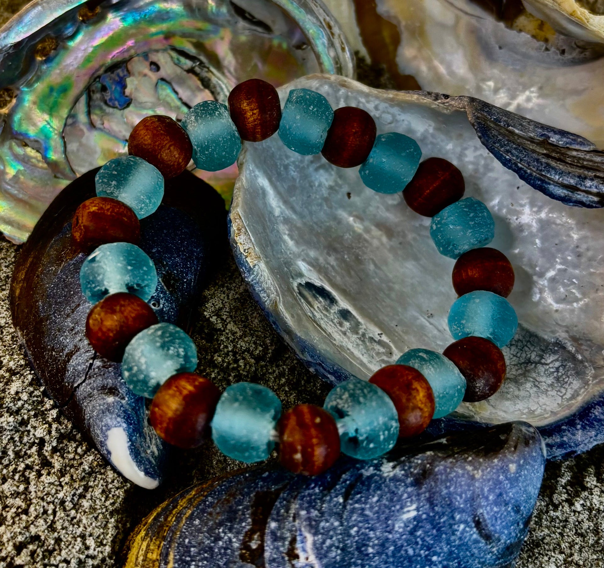 Ocean Drift Recycled Sea Glass Bracelet – Light Blue Coastal Wood Bead Stretch Bracelet 🌊
