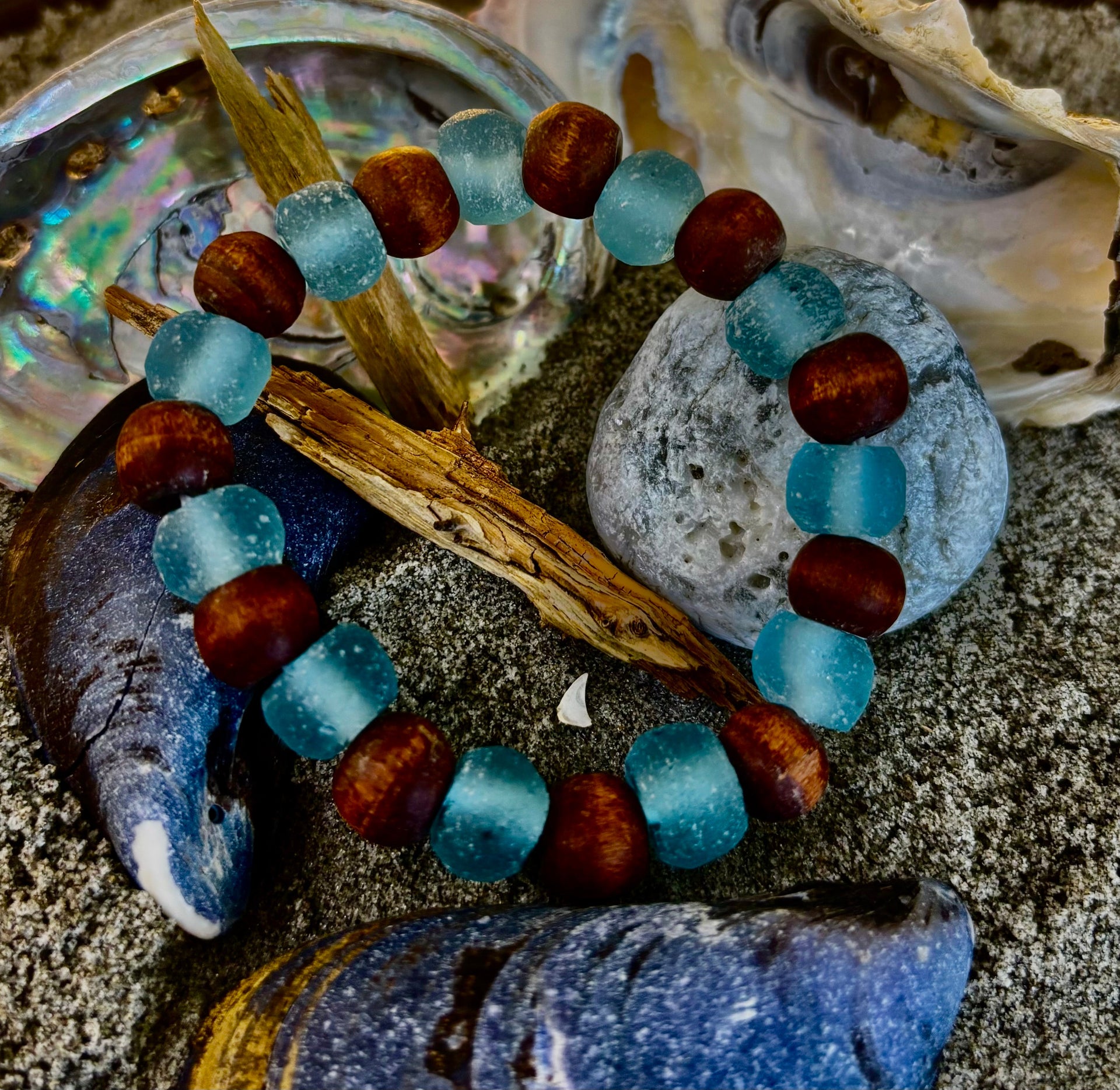 Ocean Drift Recycled Sea Glass Bracelet – Light Blue Coastal Wood Bead Stretch Bracelet 🌊