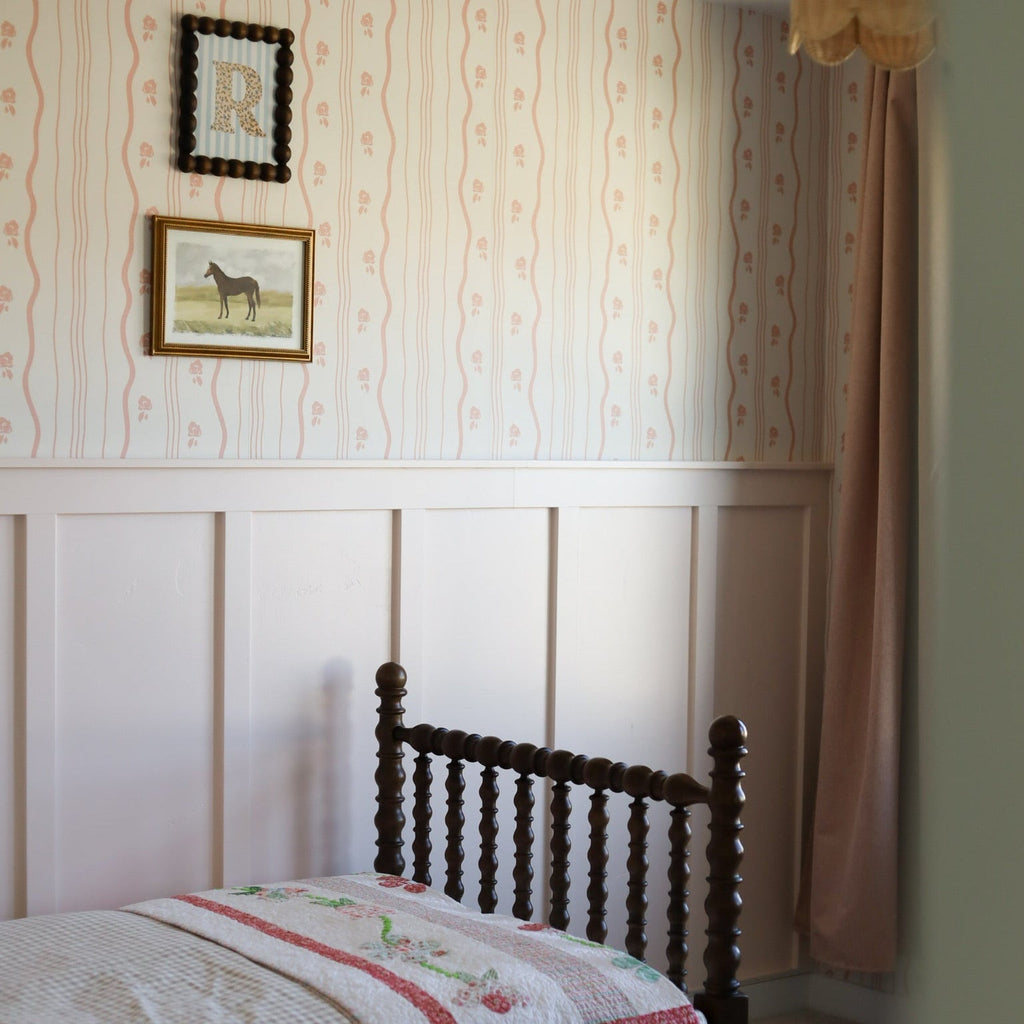 Halle floral wallpaper with elegant blush pink and cream colors for a romantic traditional aesthetic.