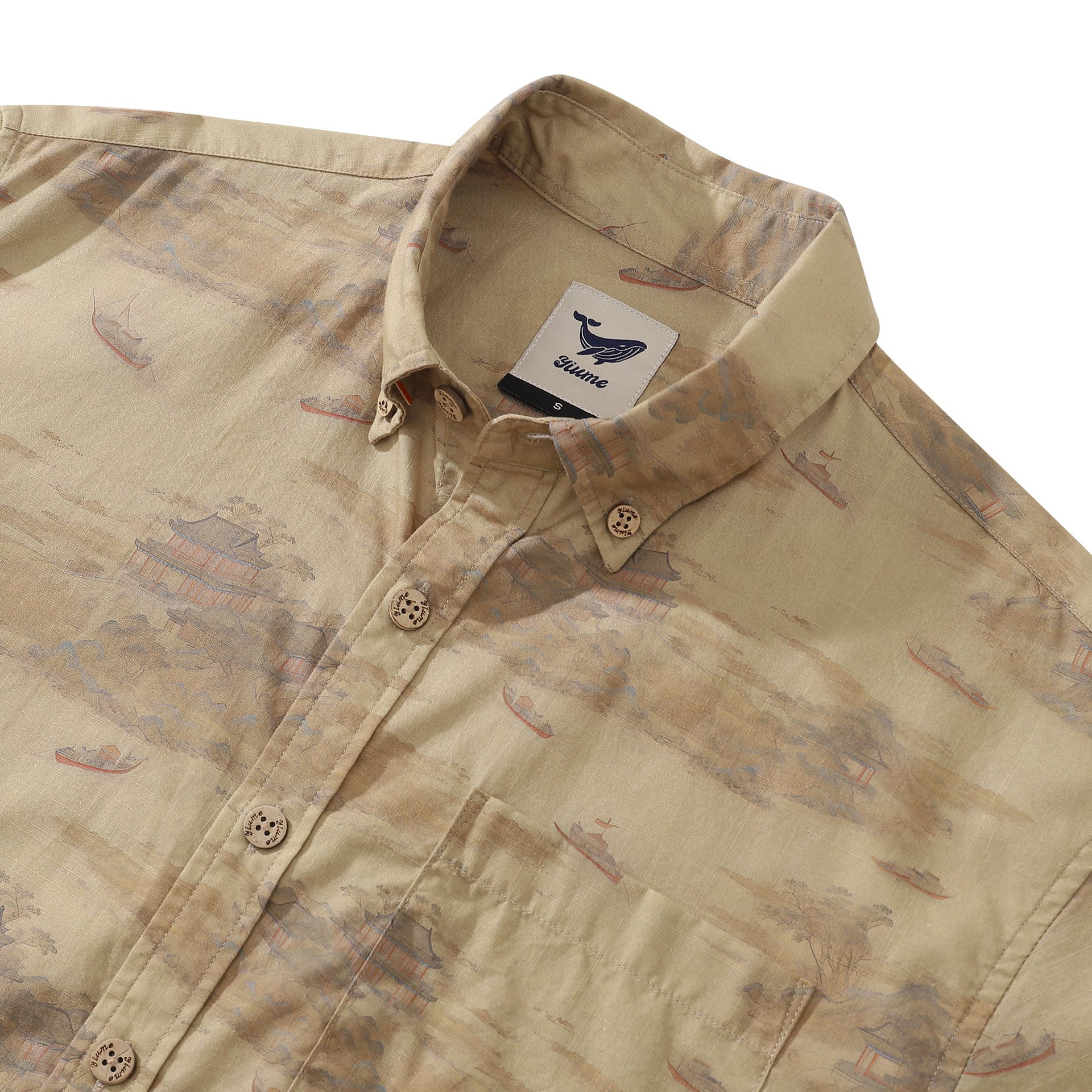 Vintage Serenity Along the Riverbank Cotton Aloha Shirt