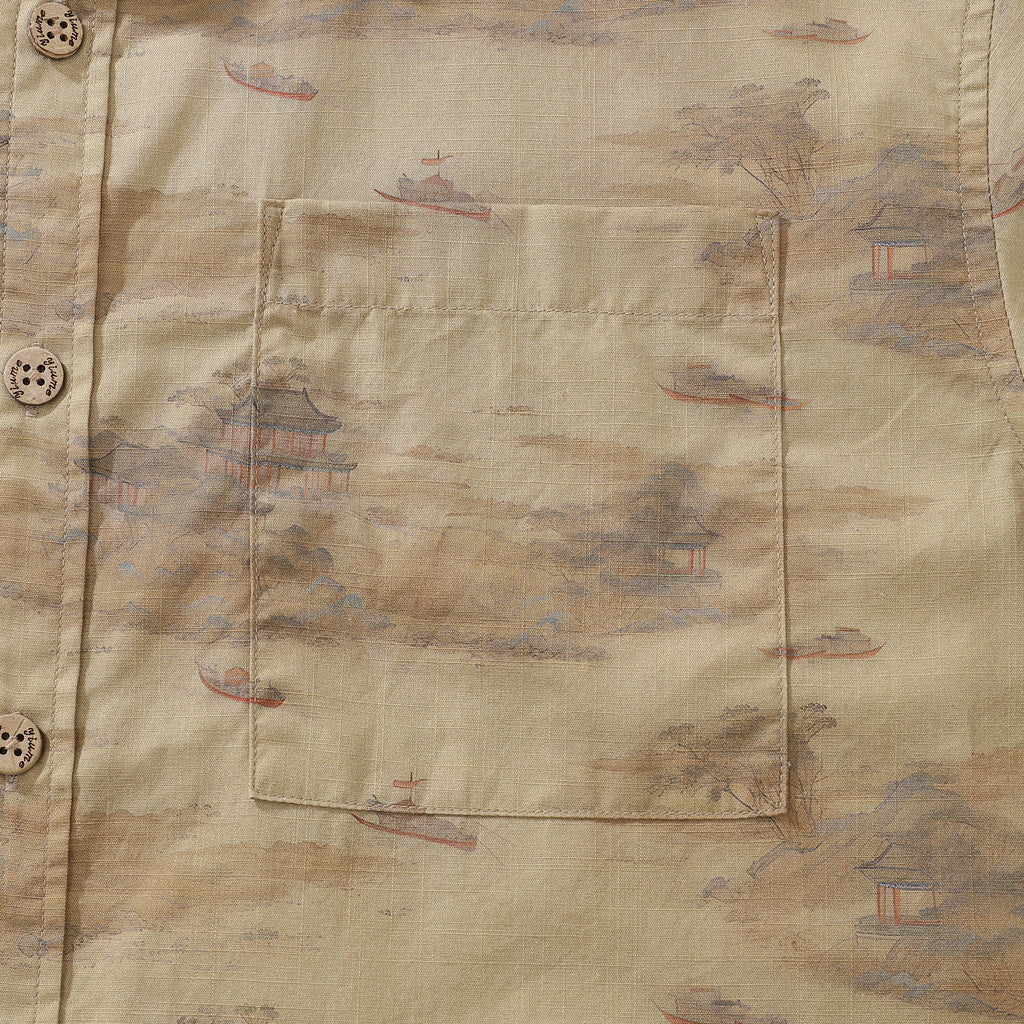 Vintage Serenity Along the Riverbank Cotton Aloha Shirt