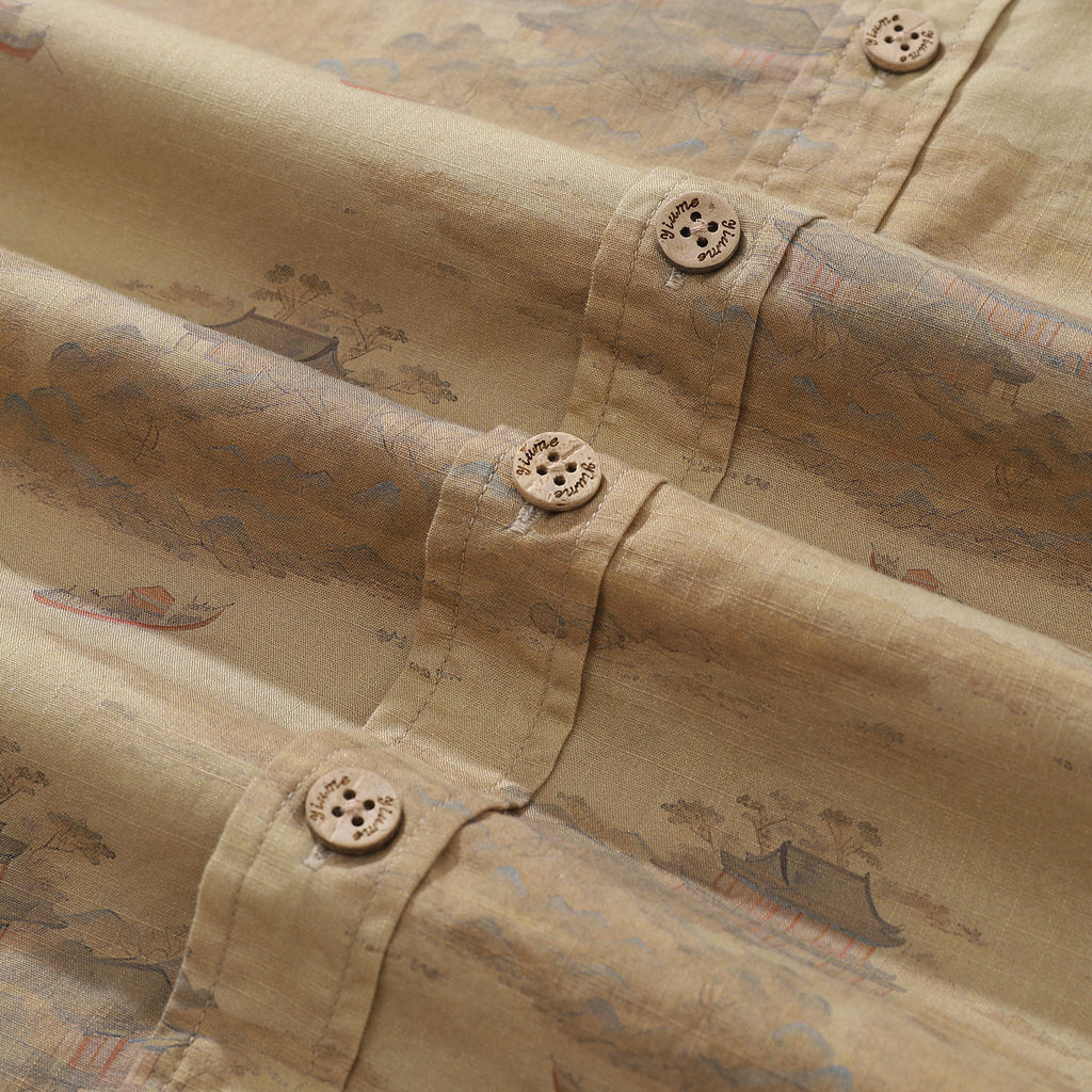 Vintage Serenity Along the Riverbank Cotton Aloha Shirt