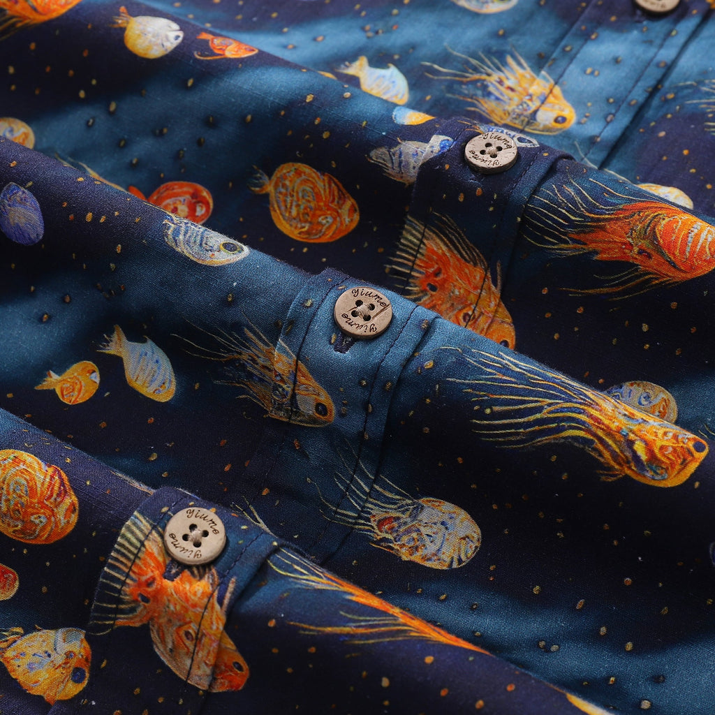 Men's Aquatic Reverie Print Short Sleeve Button-Down Cotton Shirt