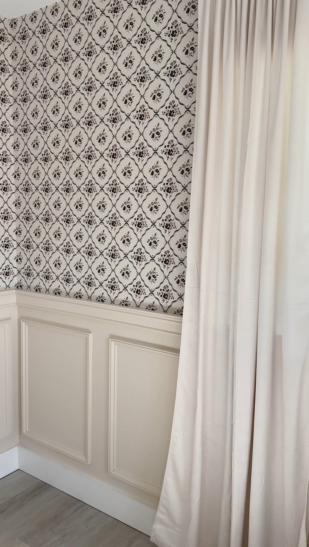 Nina Floral Wallpaper in Off-White, Charcoal, and Deep-Red