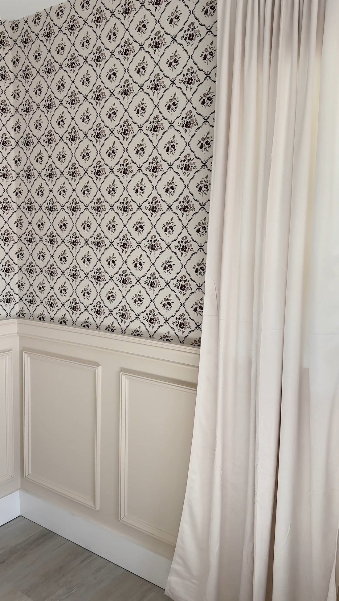 Nina Floral Wallpaper in Off-White, Charcoal, and Deep-Red