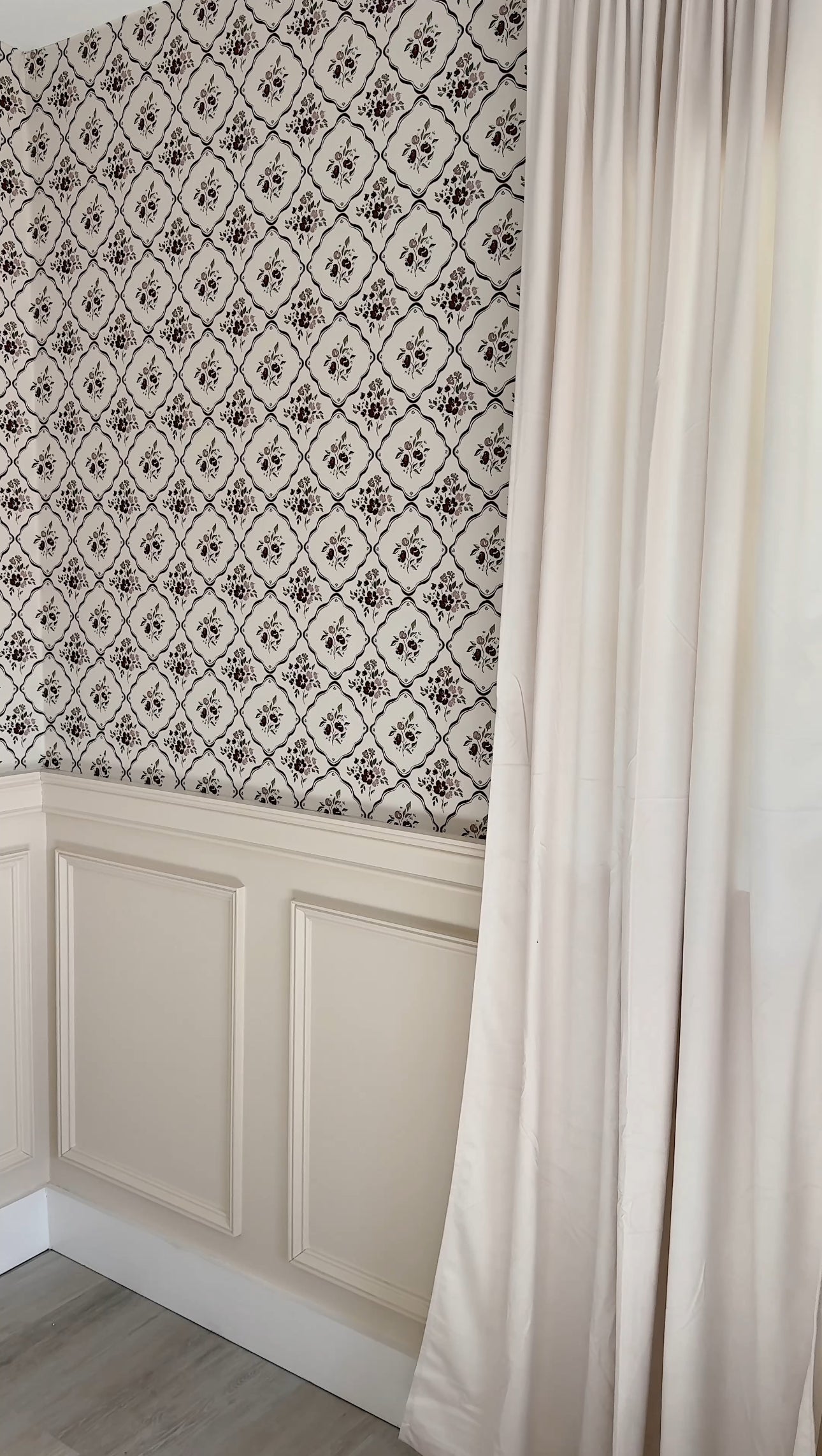 Nina Floral Wallpaper in Off-White, Charcoal, and Deep-Red