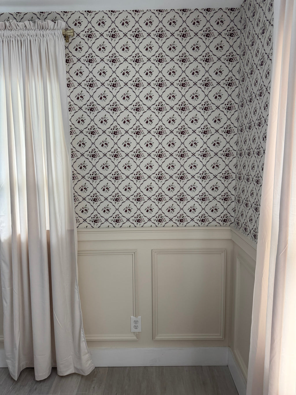 Nina Floral Wallpaper in Off-White, Charcoal, and Deep-Red
