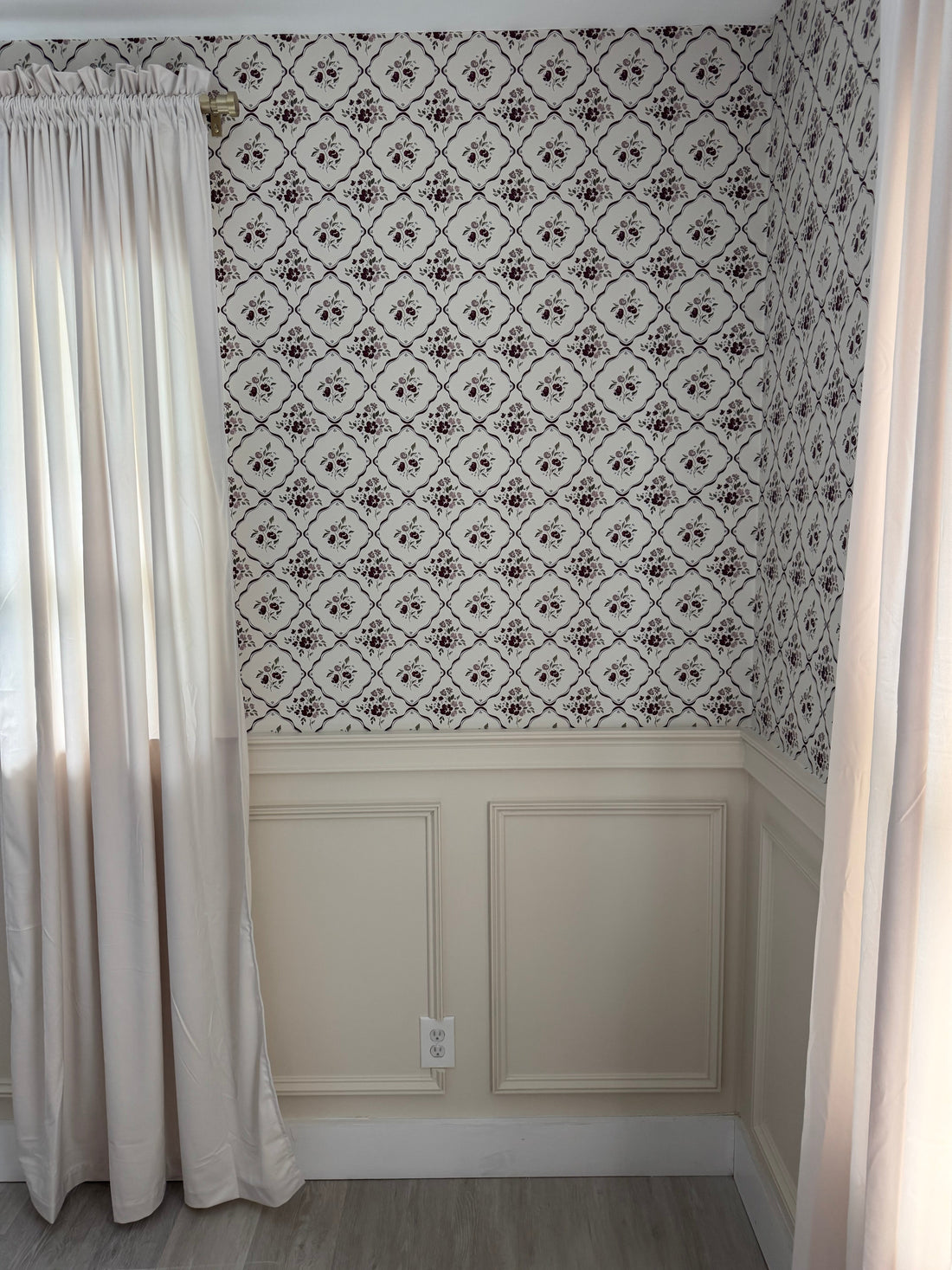 Nina Floral Wallpaper in Off-White, Charcoal, and Deep-Red