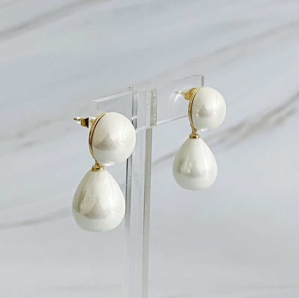 White Pearl Teardrop Earrings with 18k Gold Plated Accents - Image 2