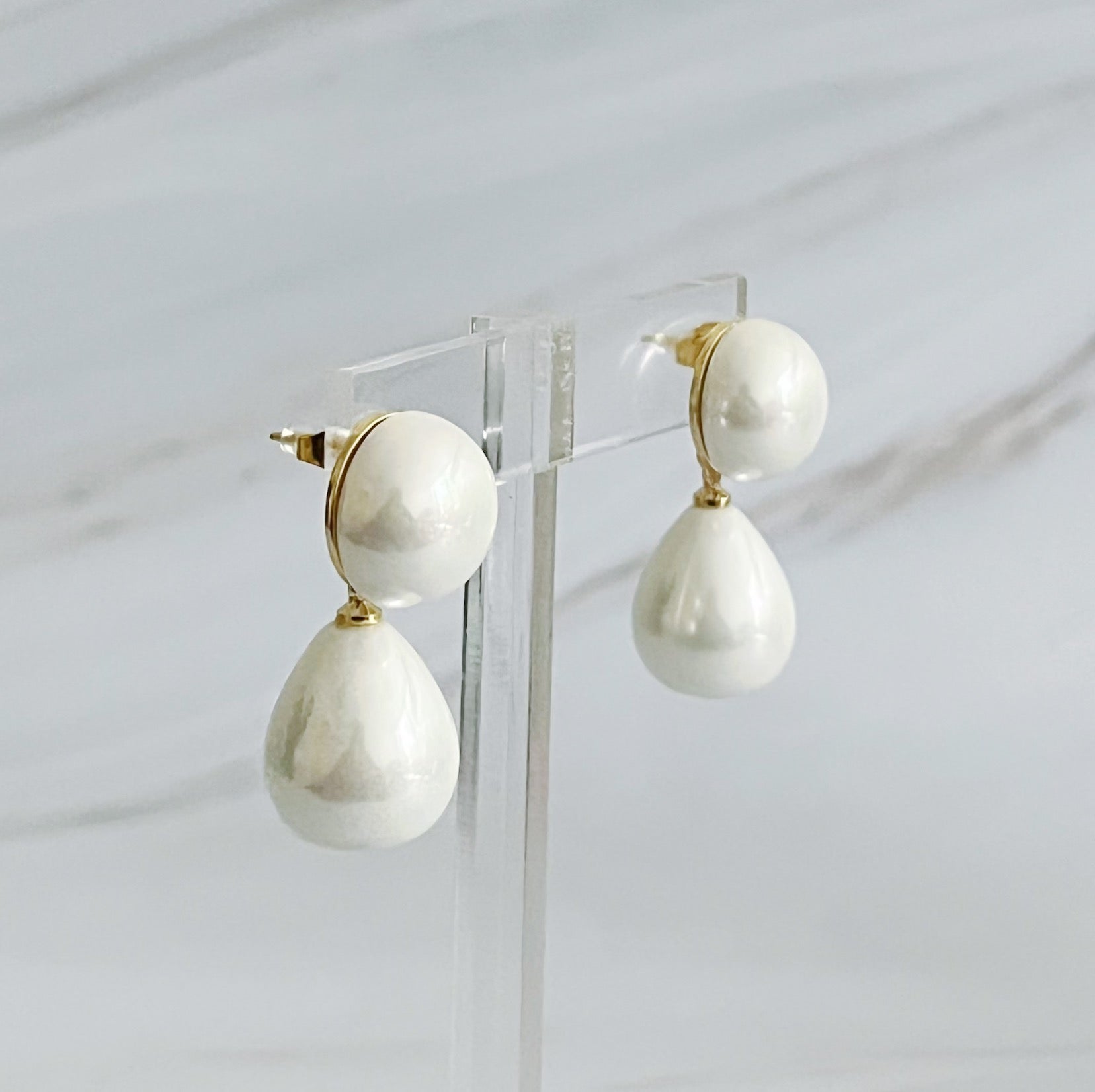 White Pearl Teardrop Earrings with 18k Gold Plated Accents - Image 2