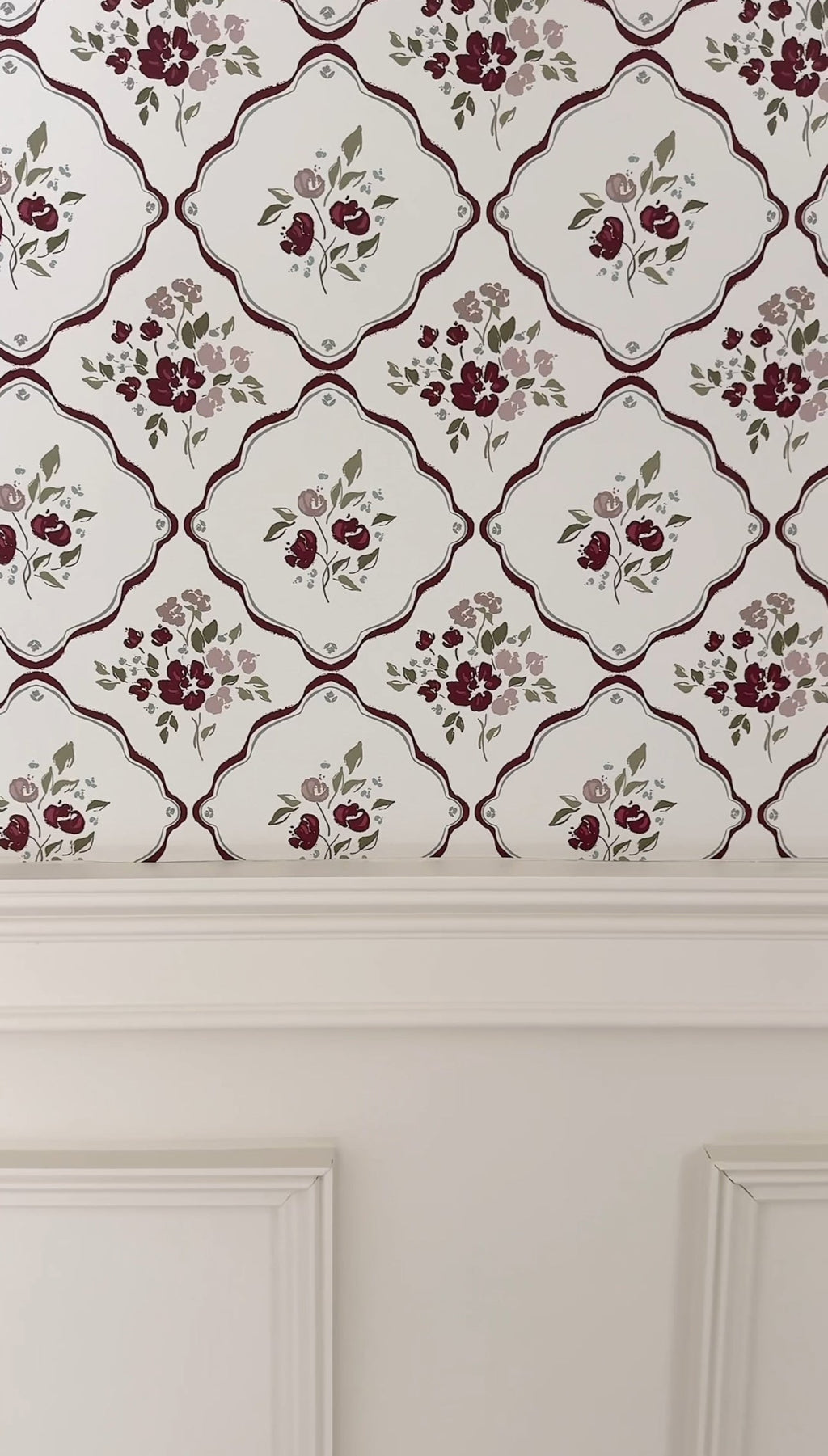 Nina Floral Wallpaper in Off-White, Charcoal, and Deep-Red