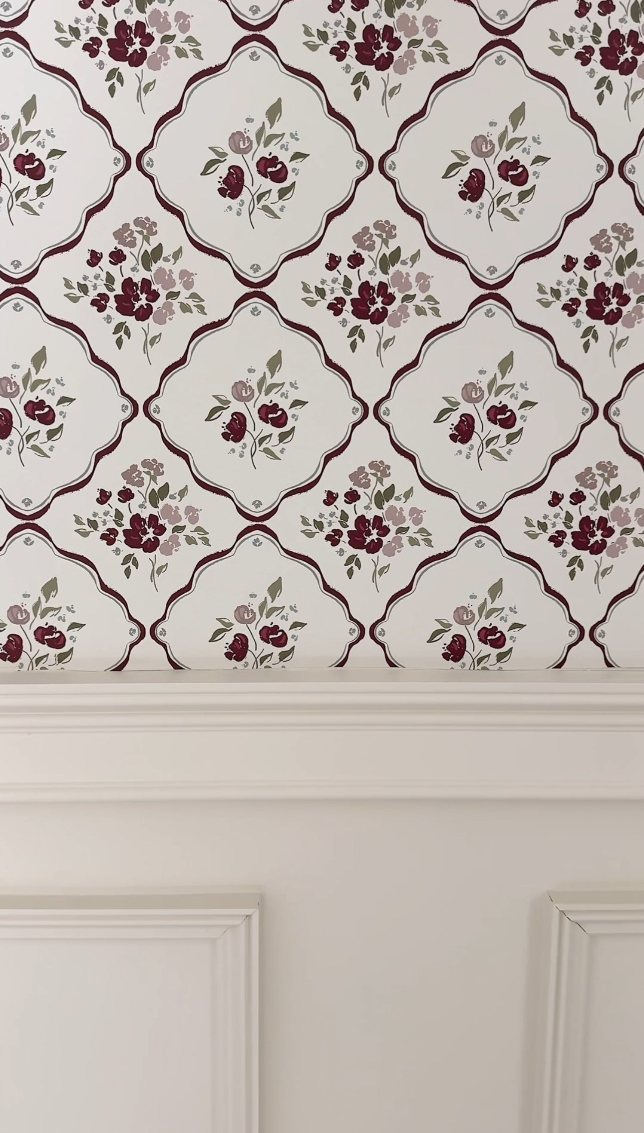 Nina Floral Wallpaper in Off-White, Charcoal, and Deep-Red