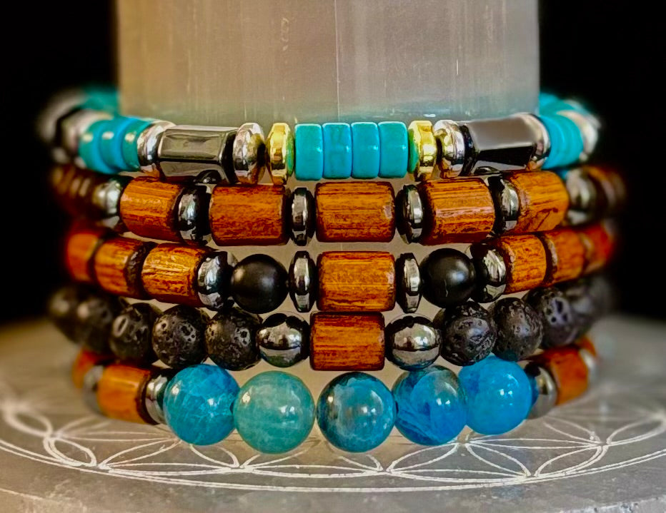 Men’s Stack & Go Bracelet Set – Lightweight Wood, Lava & Stone (5 styles for smaller mens wrists)