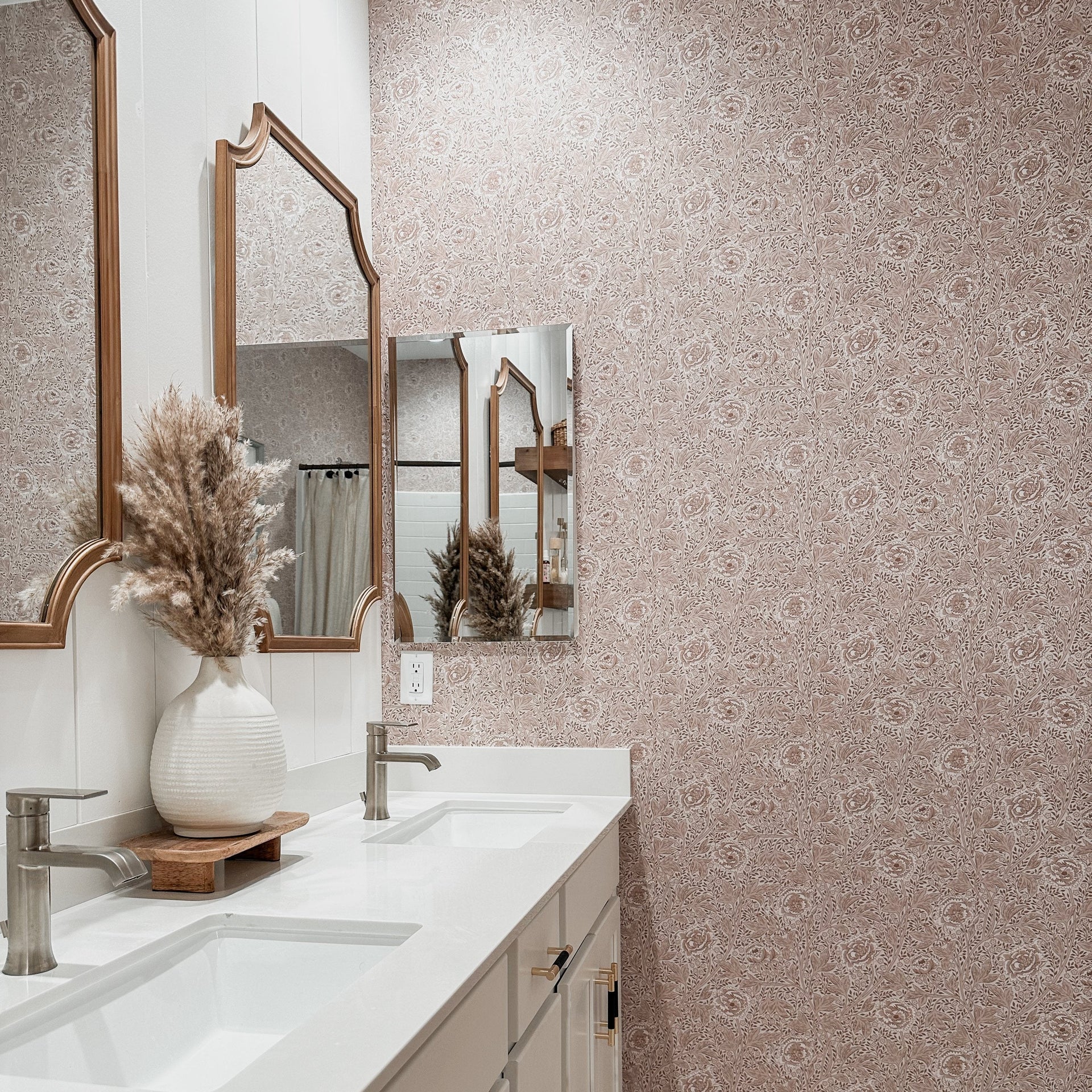 Agnes floral wallpaper featuring a vintage cottagecore pattern in neutral beige and brown tones.