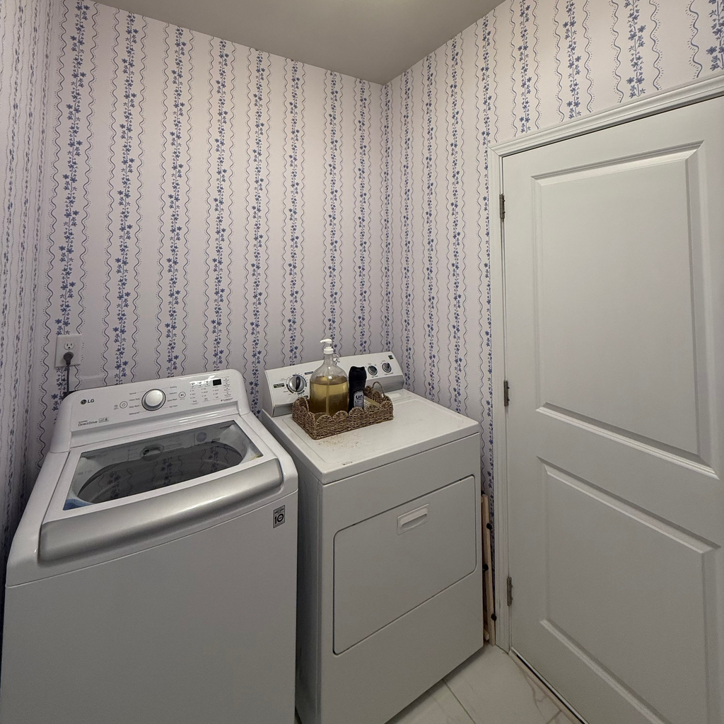 Brooke floral wallpaper design by Ashleigh Fish in green, white, blue, and beige