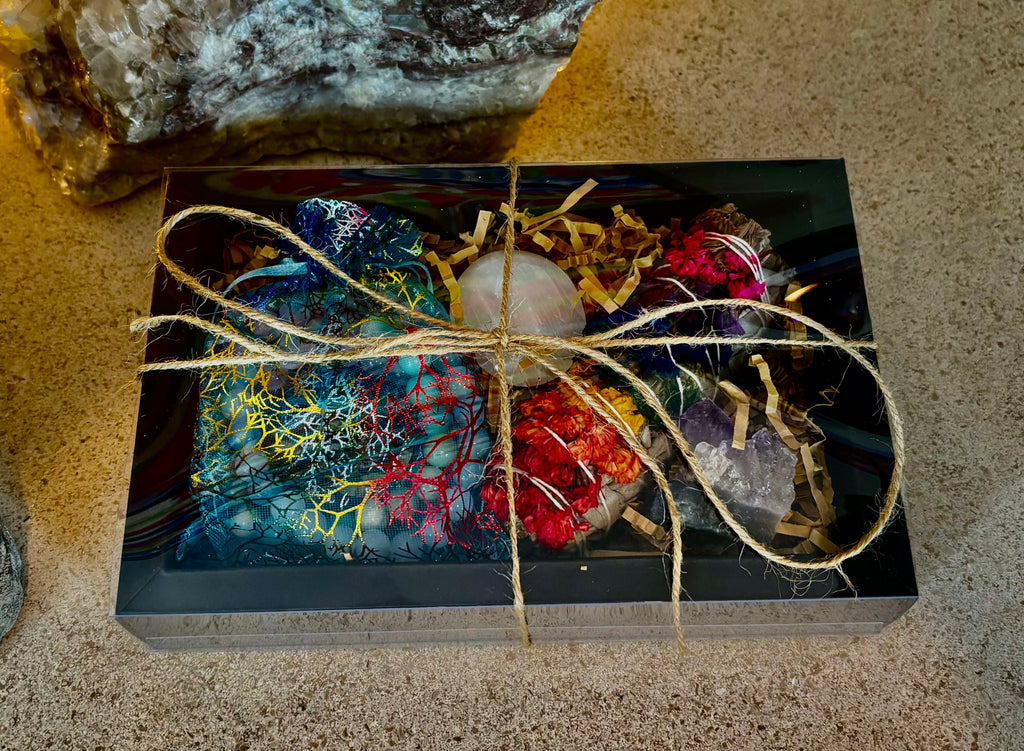 Bohemian-style caregiver wellness and healing gift box in neutral tones