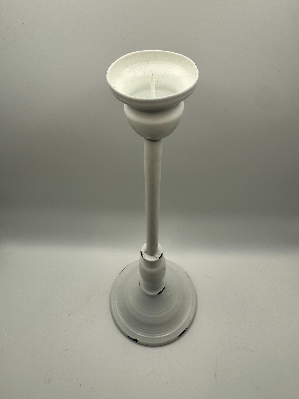 Distressed White Metal Candle Holder (11")