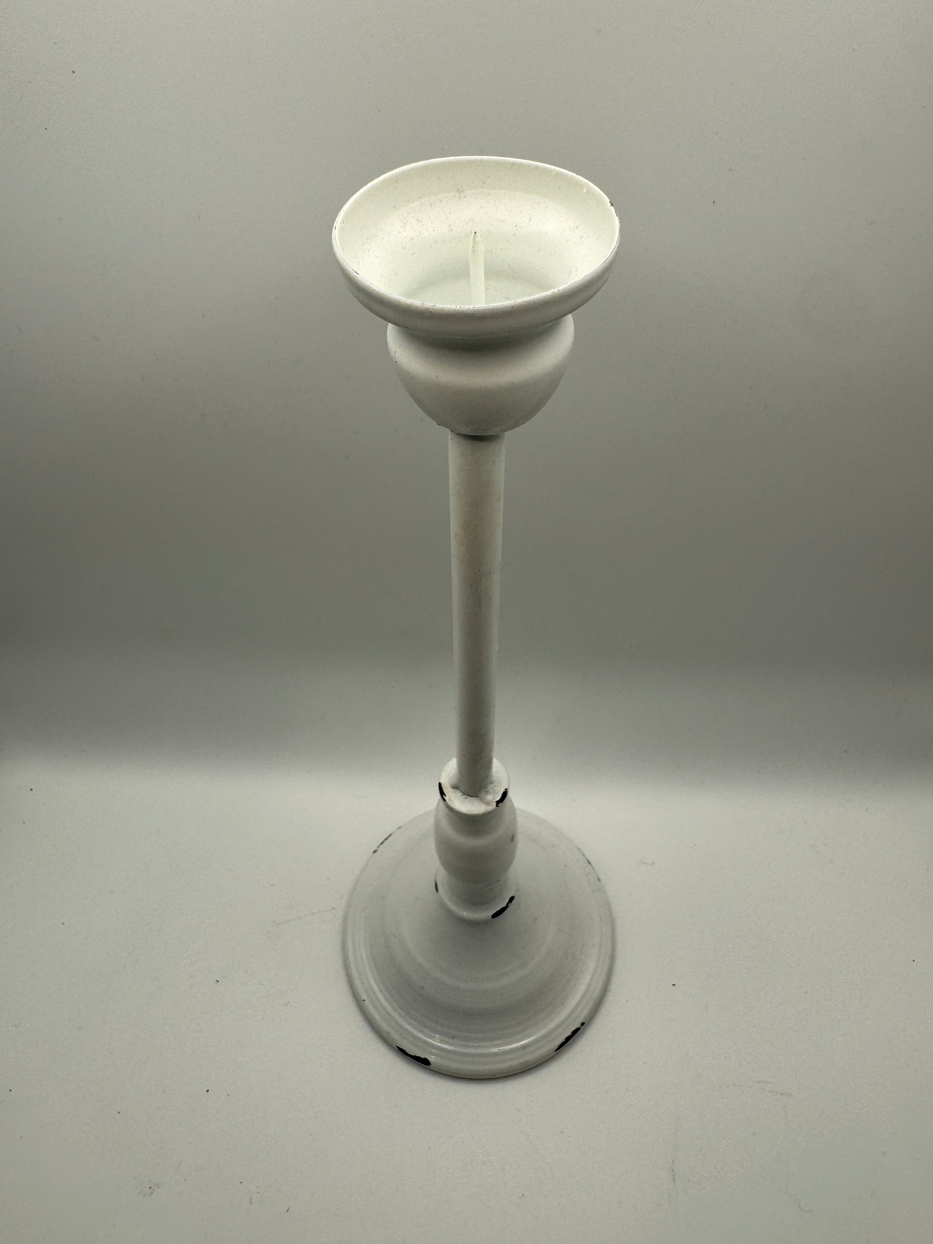 Distressed White Metal Candle Holder (11")