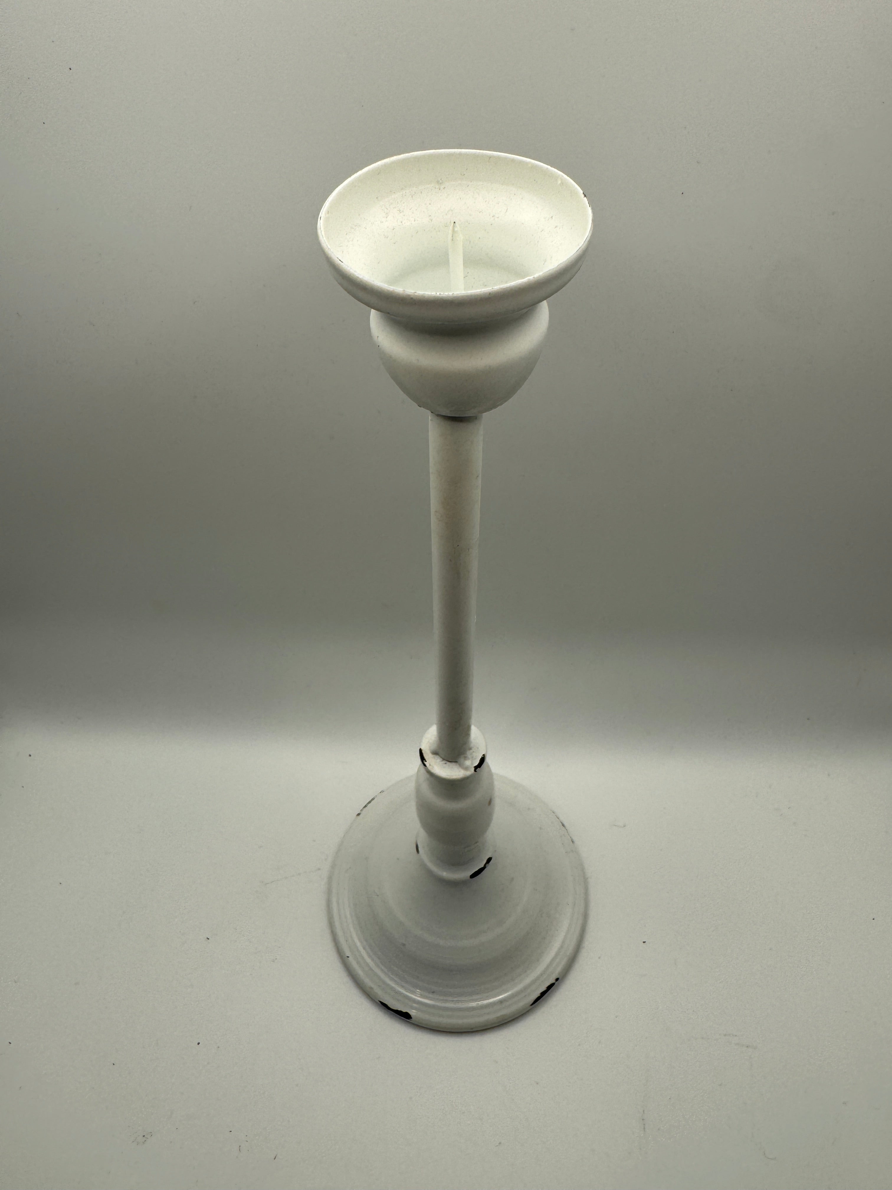 Distressed White Metal Candle Holder (11")