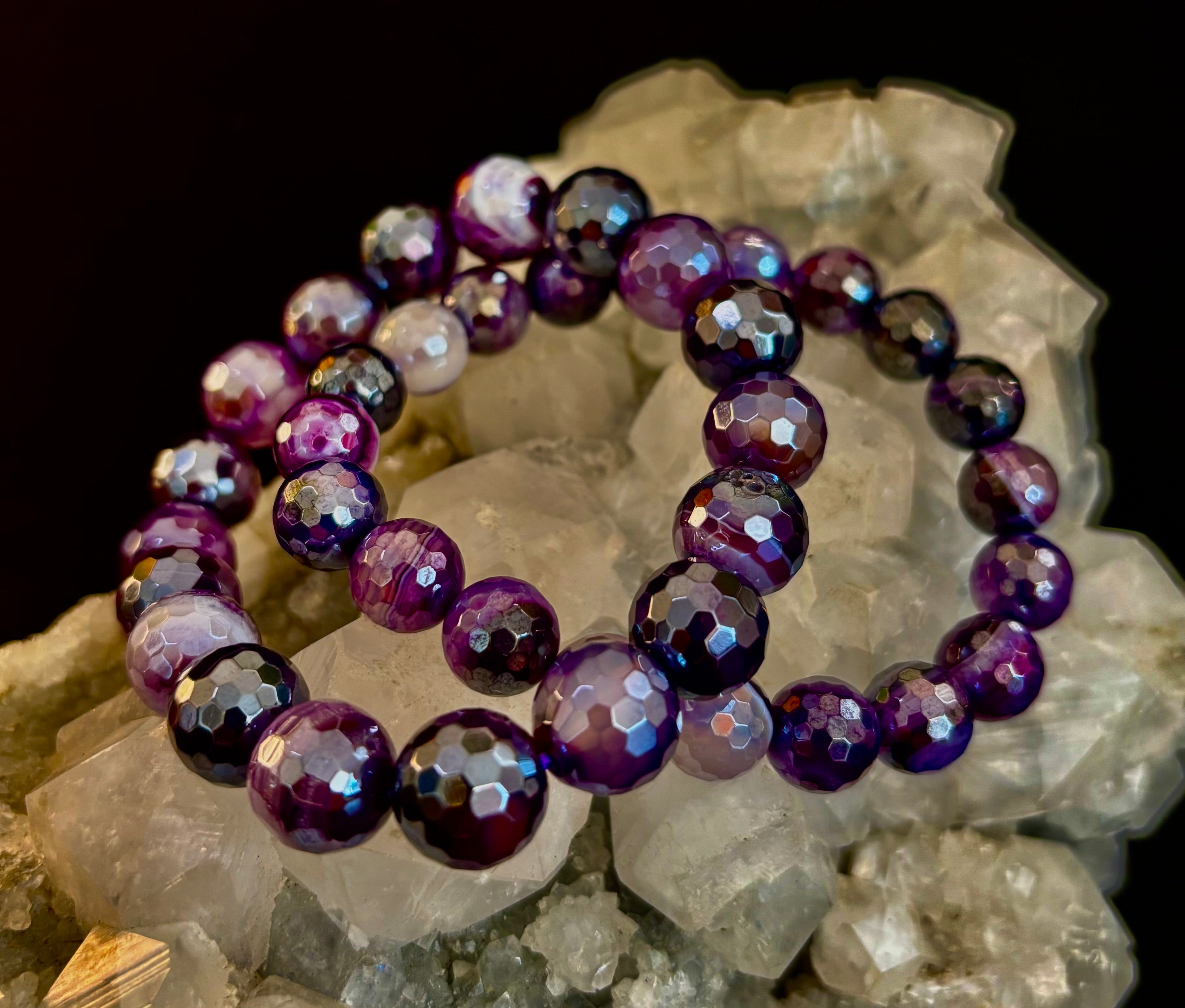Mystic Purple Banded Agate Faceted Stretch Bracelet Statement Piece