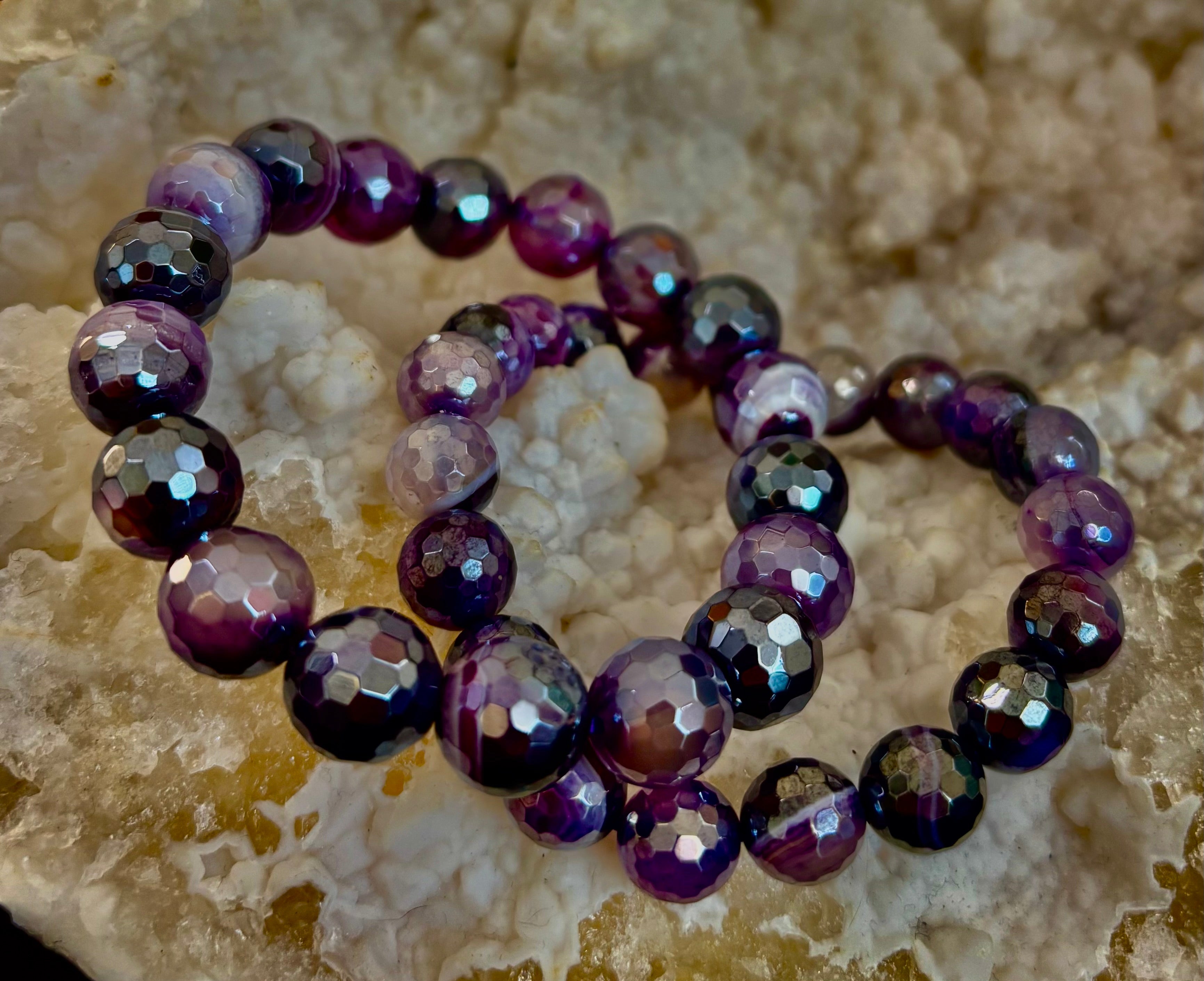 Mystic Purple Banded Agate Faceted Stretch Bracelet Statement Piece