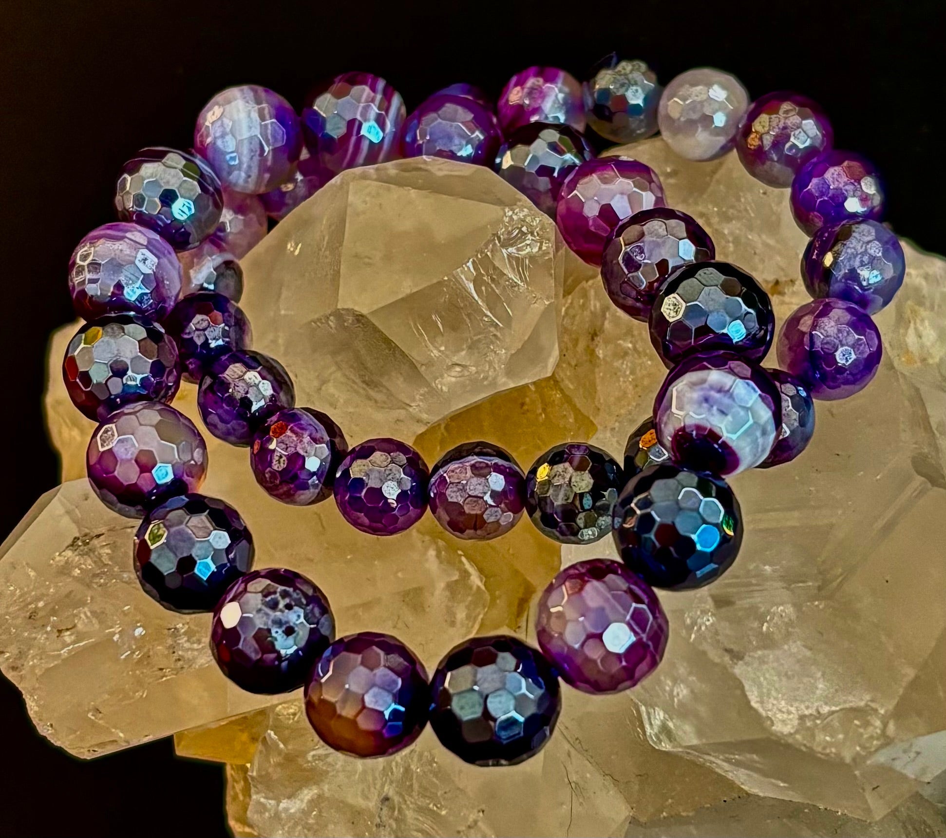 Mystic Purple Banded Agate Faceted Stretch Bracelet Statement Piece