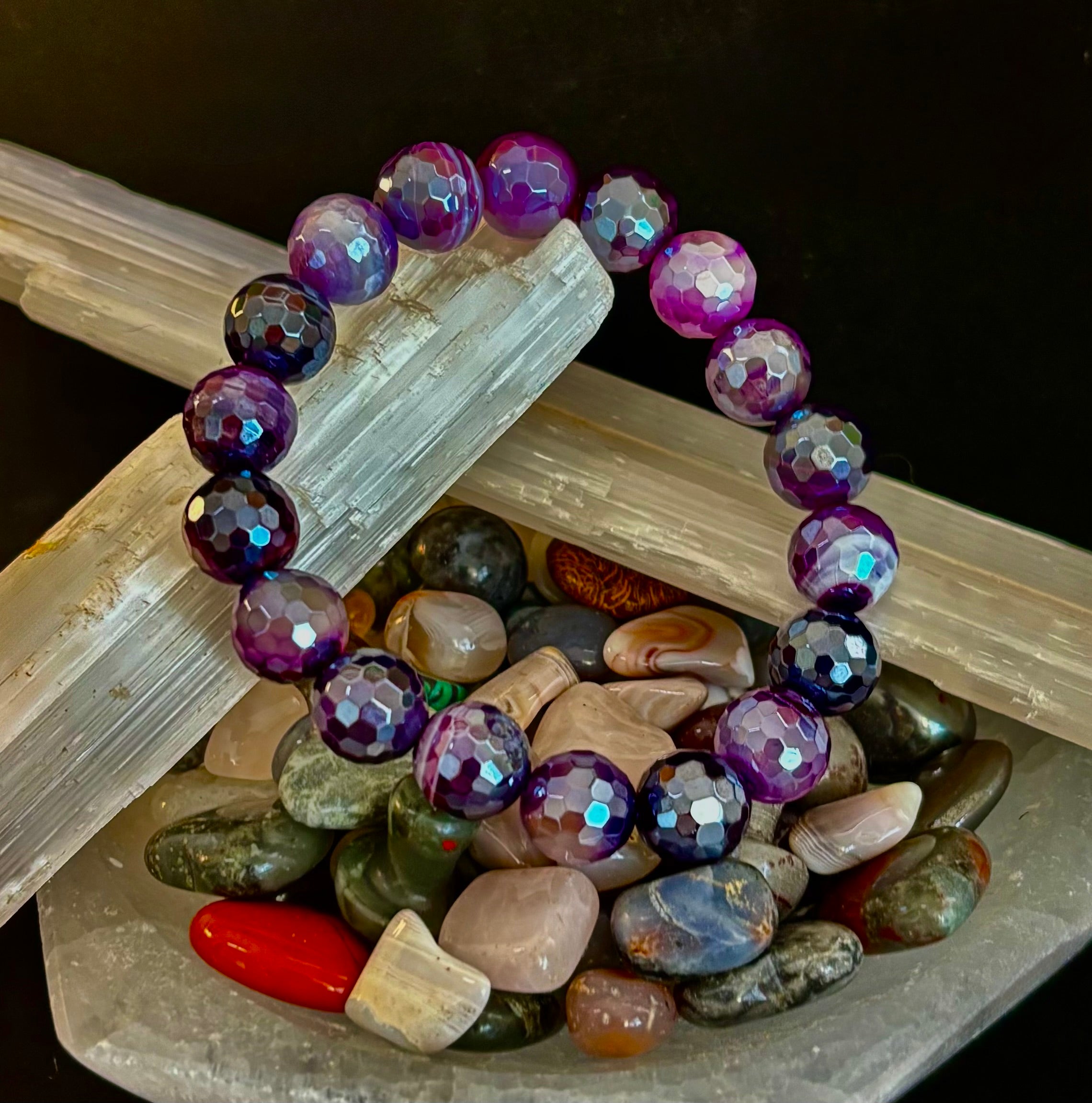 Mystic Purple Banded Agate Faceted Stretch Bracelet Statement Piece