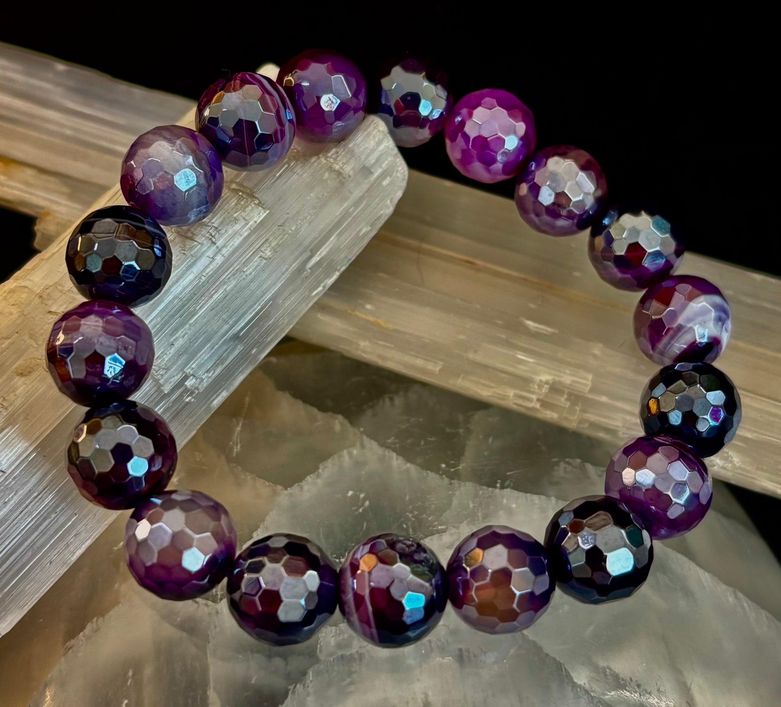 Mystic Purple Banded Agate Faceted Stretch Bracelet Statement Piece