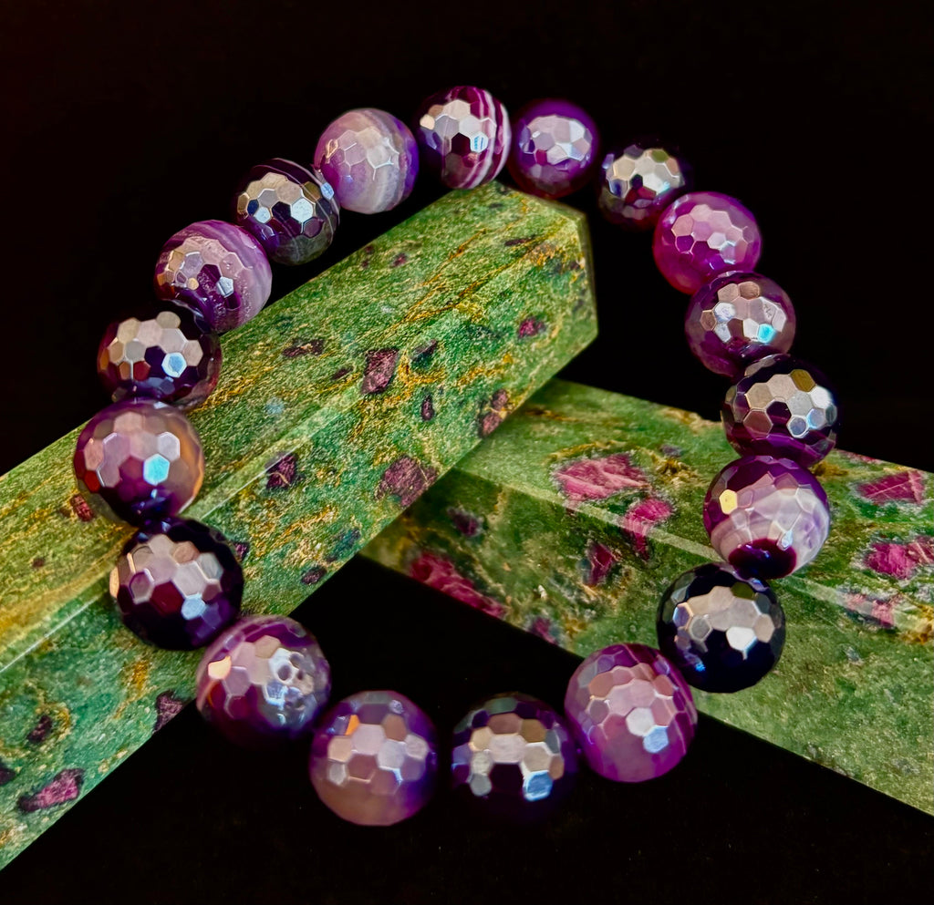 Mystic Purple Banded Agate Faceted Stretch Bracelet Statement Piece