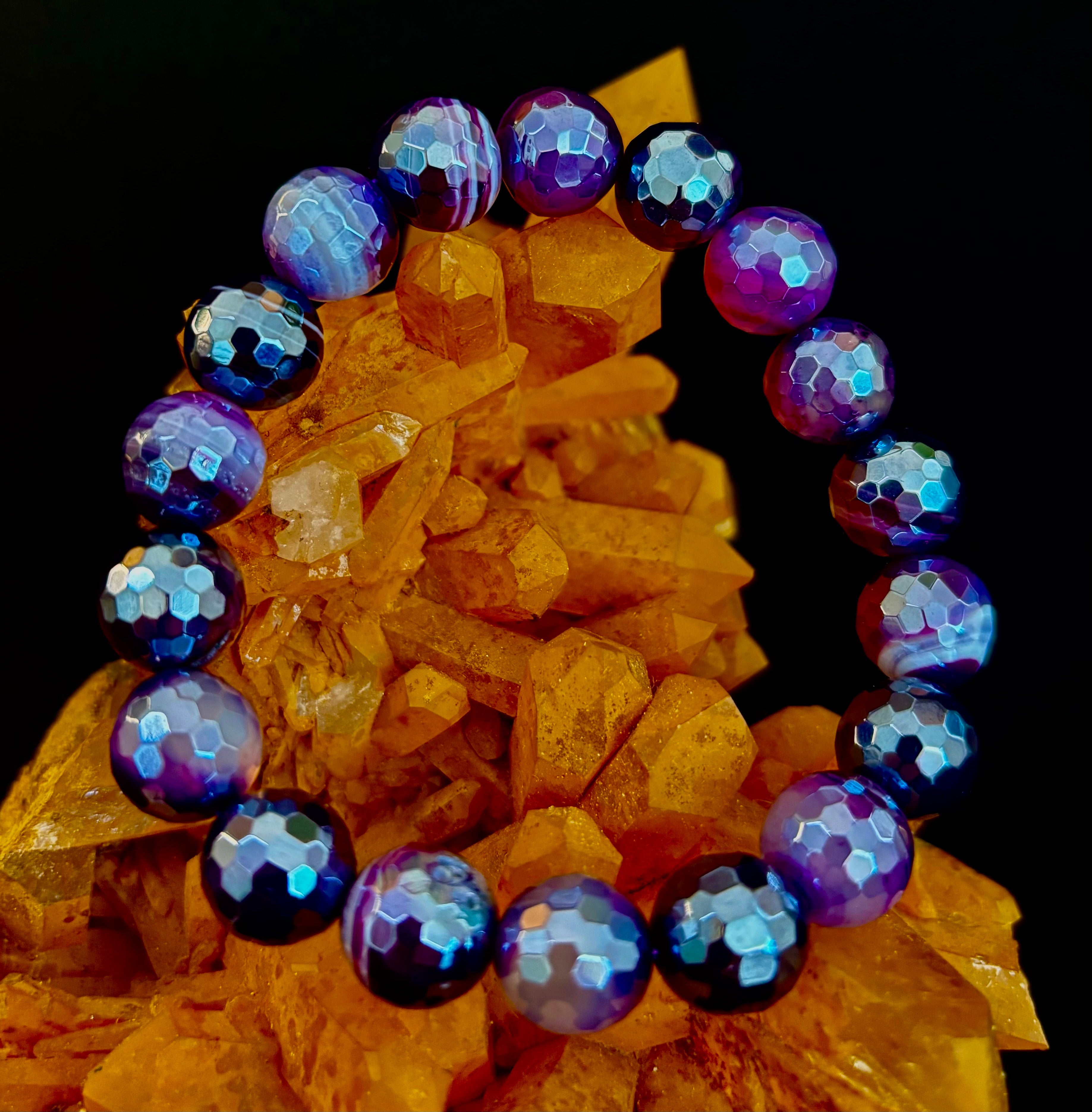 Mystic Purple Banded Agate Faceted Stretch Bracelet Statement Piece