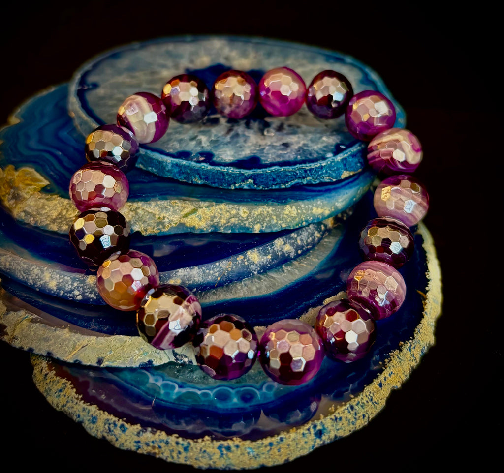 Mystic Purple Banded Agate Faceted Stretch Bracelet Statement Piece