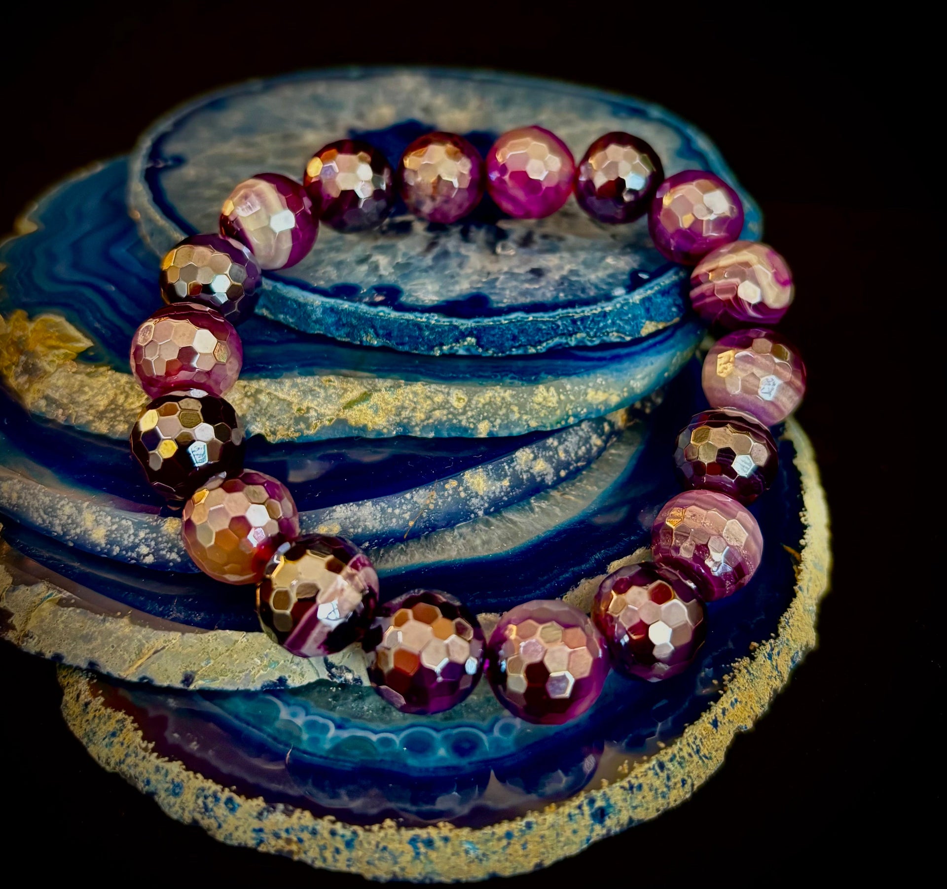 Mystic Purple Banded Agate Faceted Stretch Bracelet Statement Piece