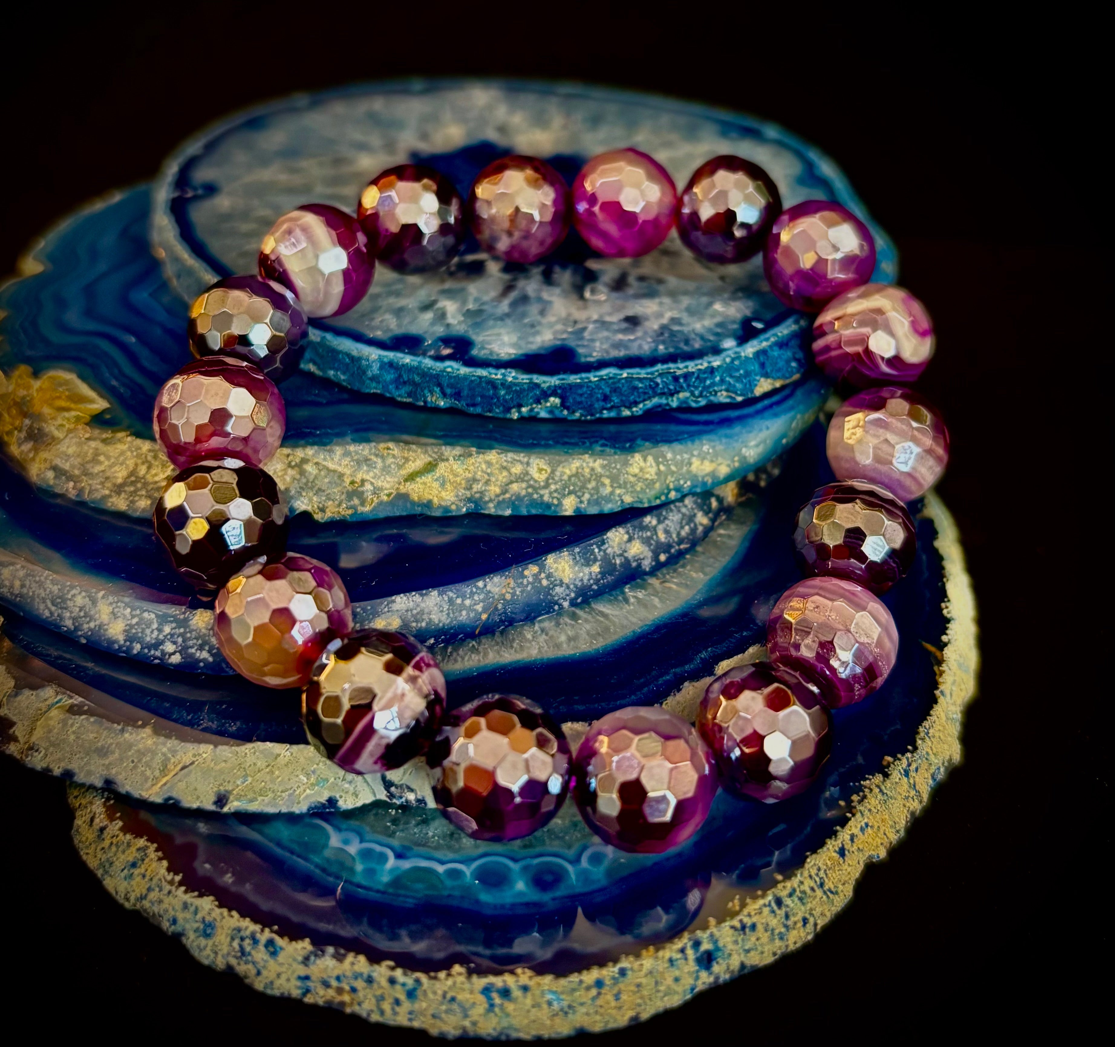 Mystic Purple Banded Agate Faceted Stretch Bracelet Statement Piece
