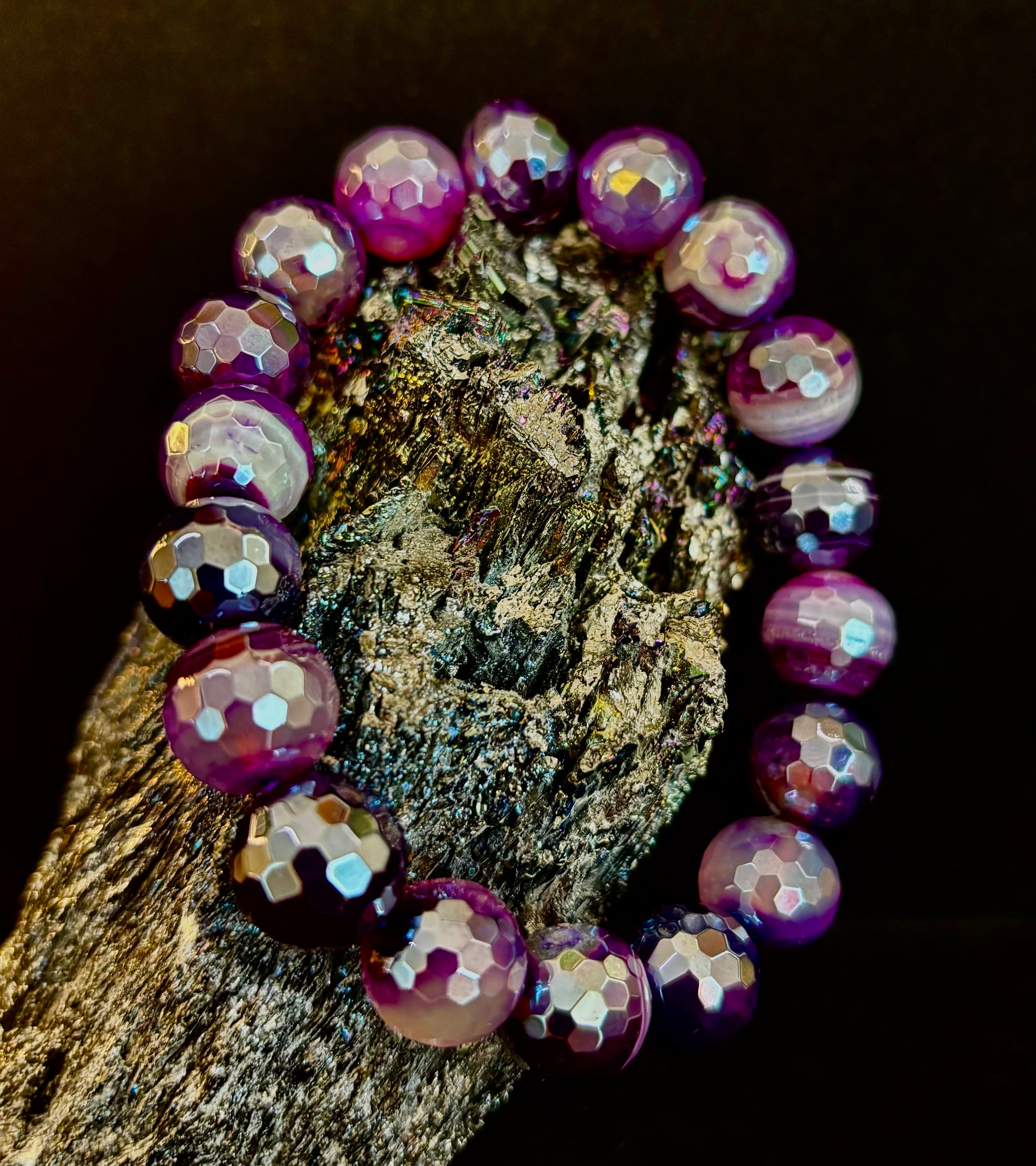 Mystic Purple Banded Agate Faceted Stretch Bracelet Statement Piece