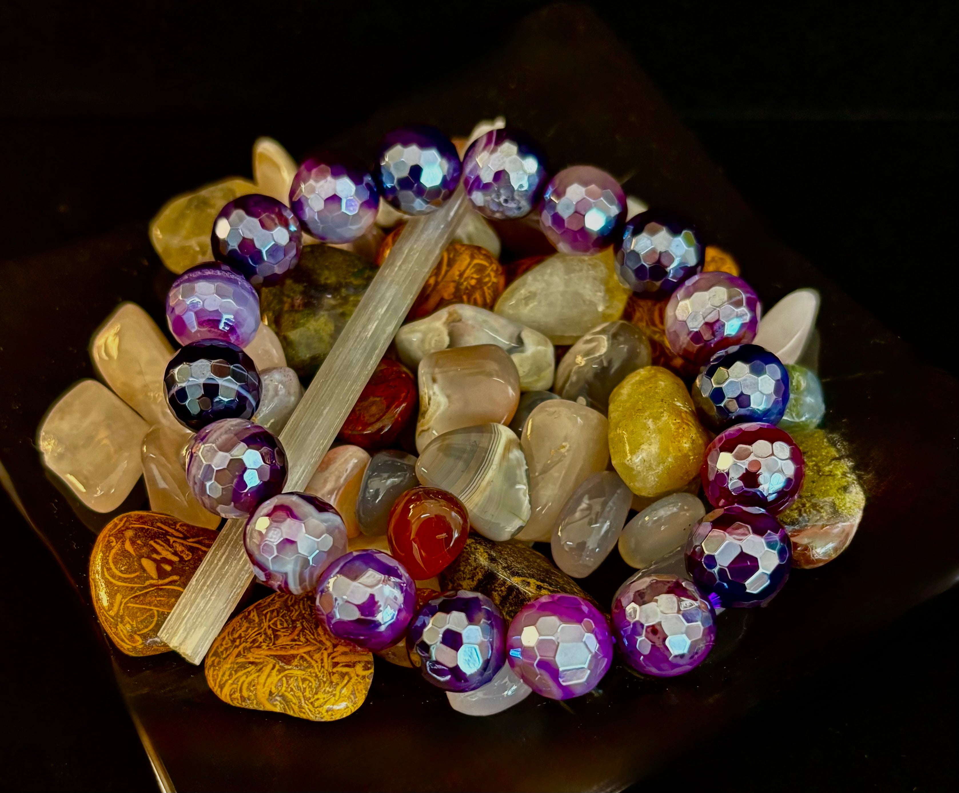Mystic Purple Banded Agate Faceted Stretch Bracelet Statement Piece