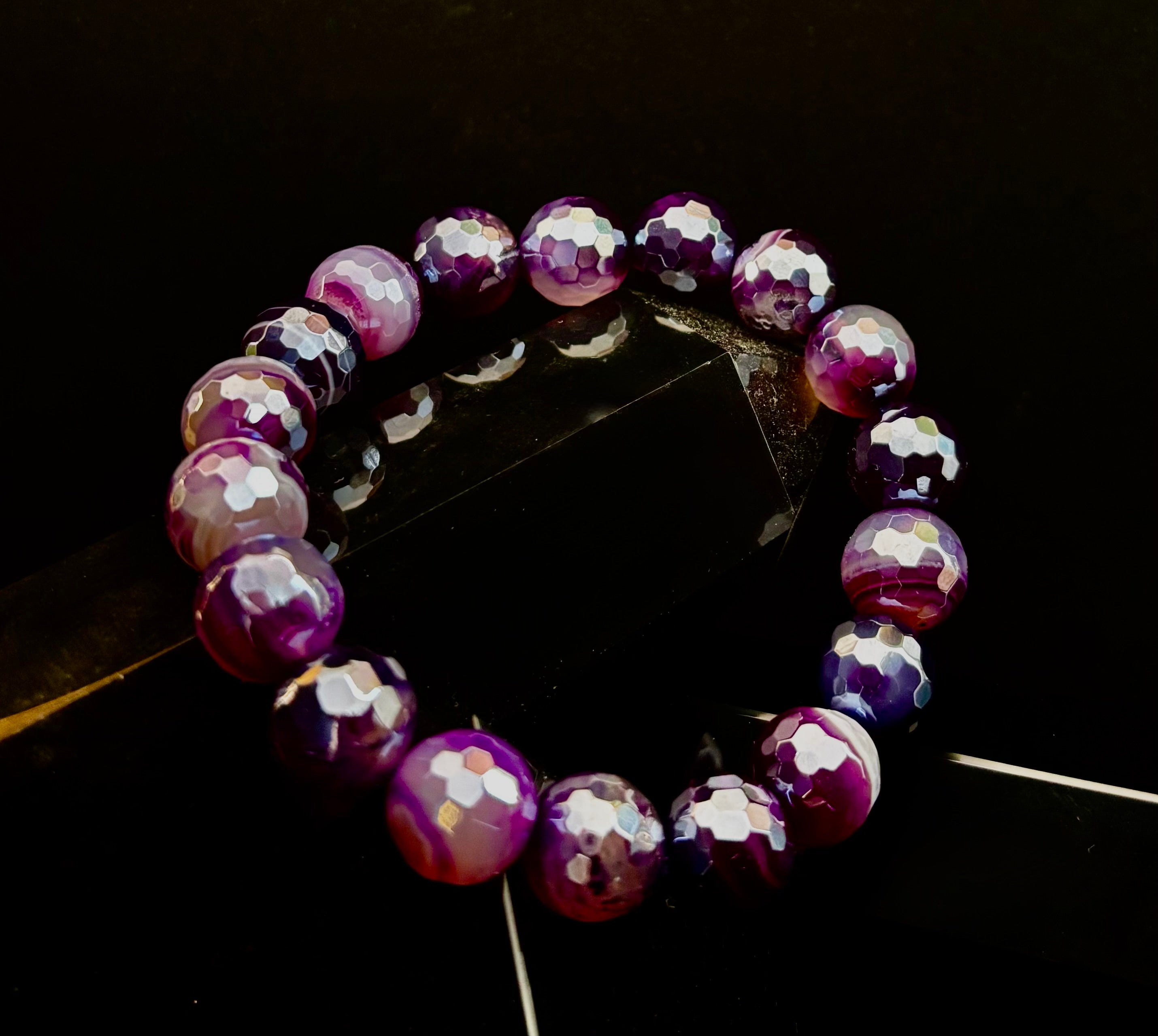 Mystic Purple Banded Agate Faceted Stretch Bracelet Statement Piece