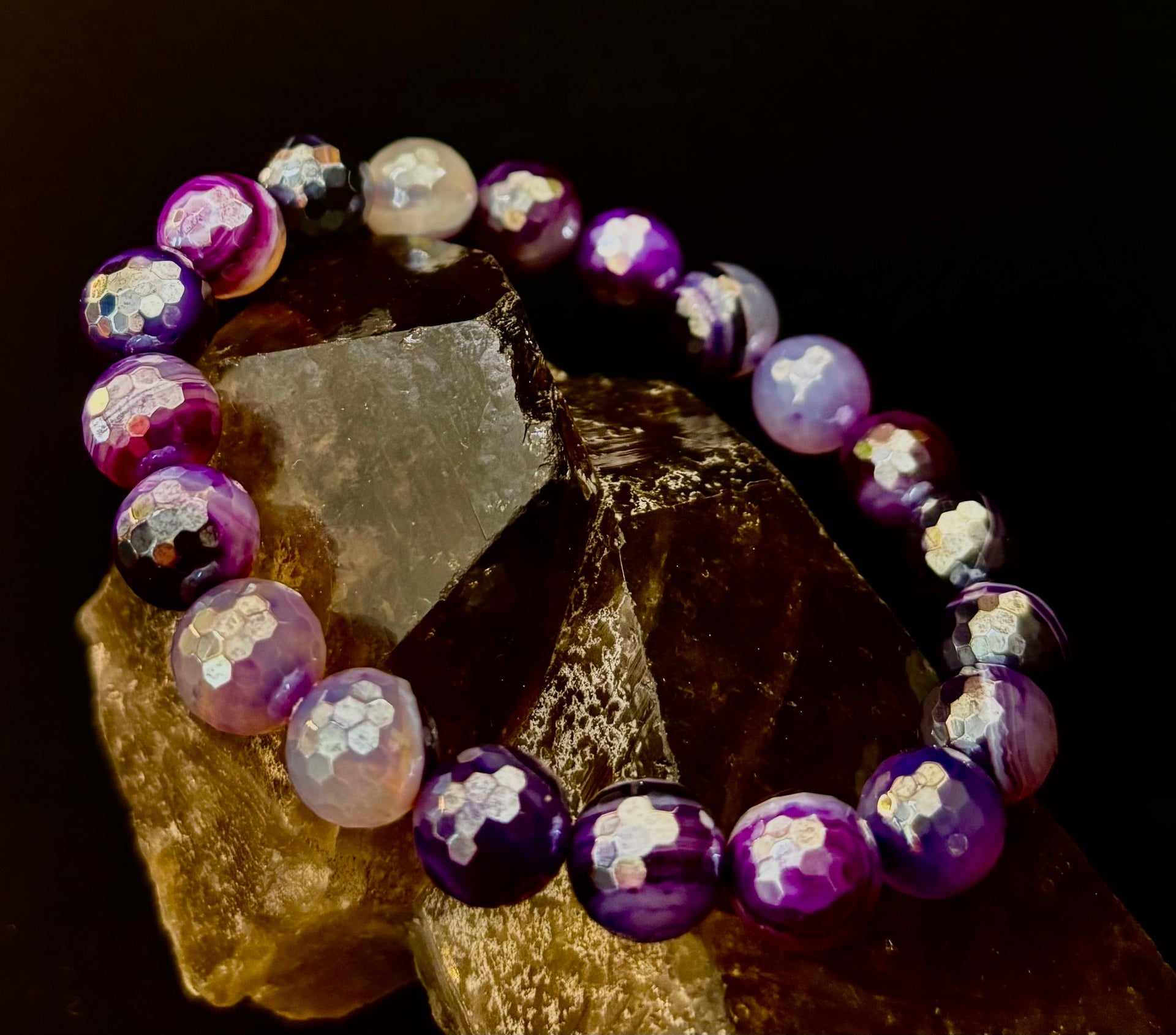 Mystic Purple Banded Agate Faceted Stretch Bracelet Statement Piece