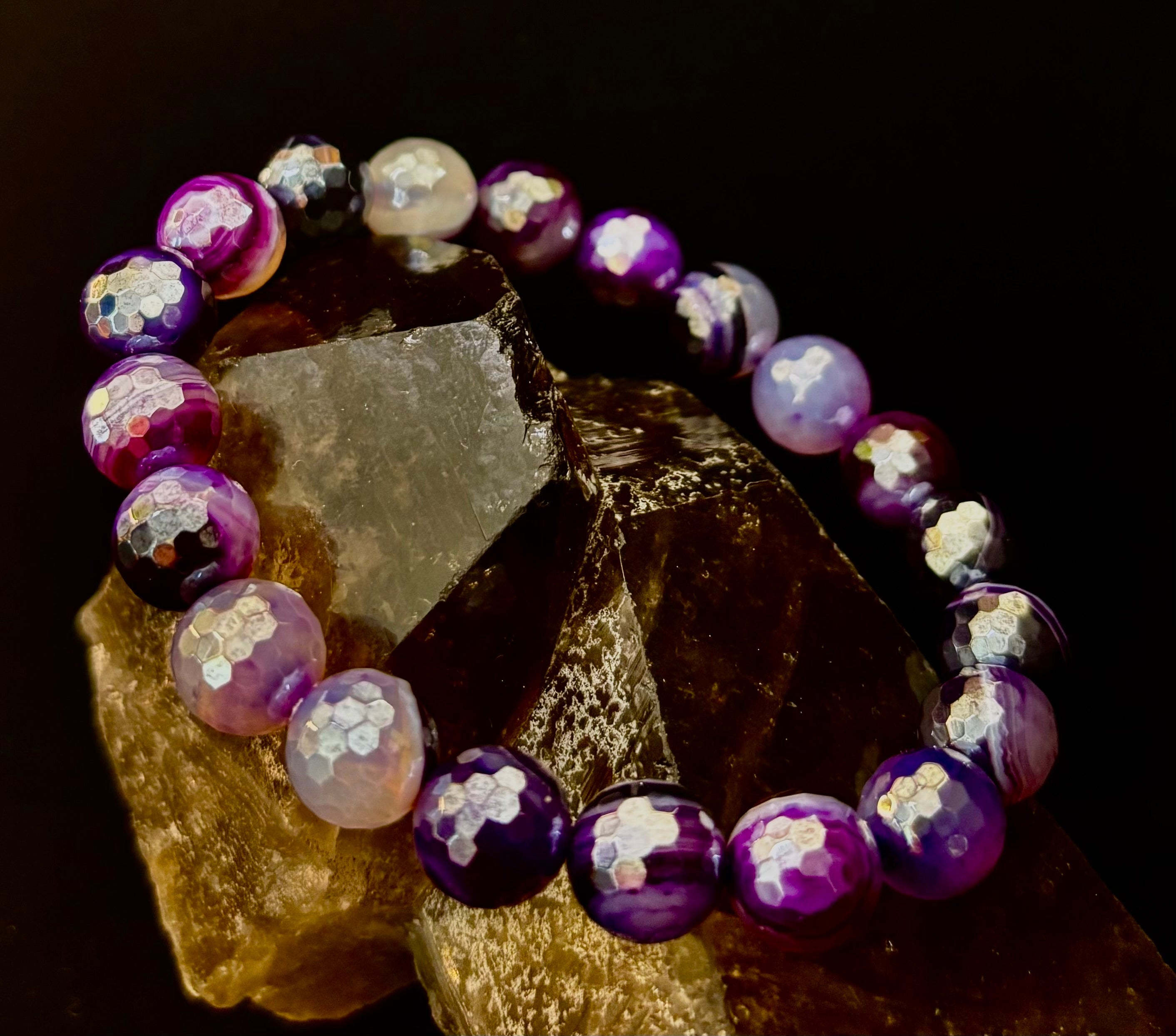 Mystic Purple Banded Agate Faceted Stretch Bracelet Statement Piece